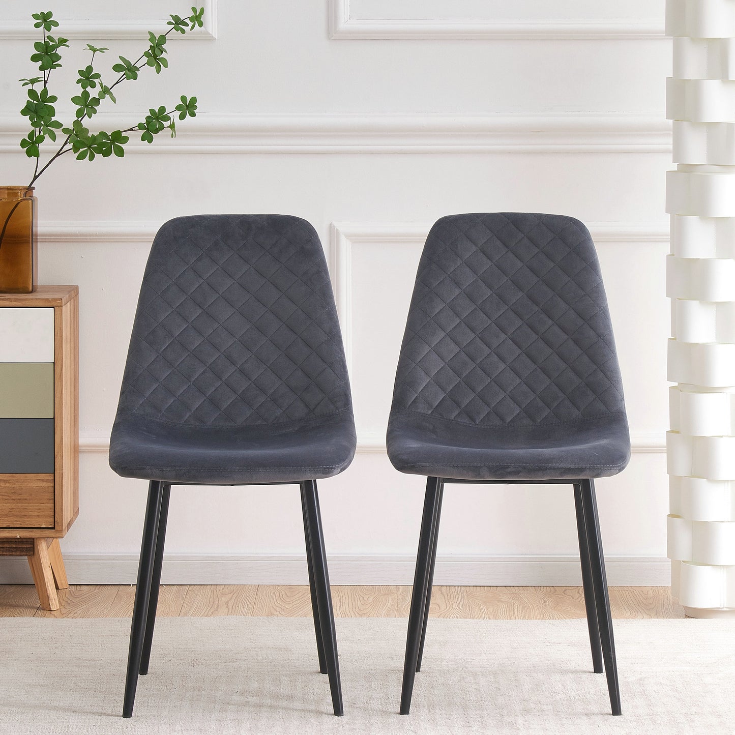 DEJINBU 2x Grey Velvet Dining Chairs Padded Seat Black Metal Legs For Home Cafe Office