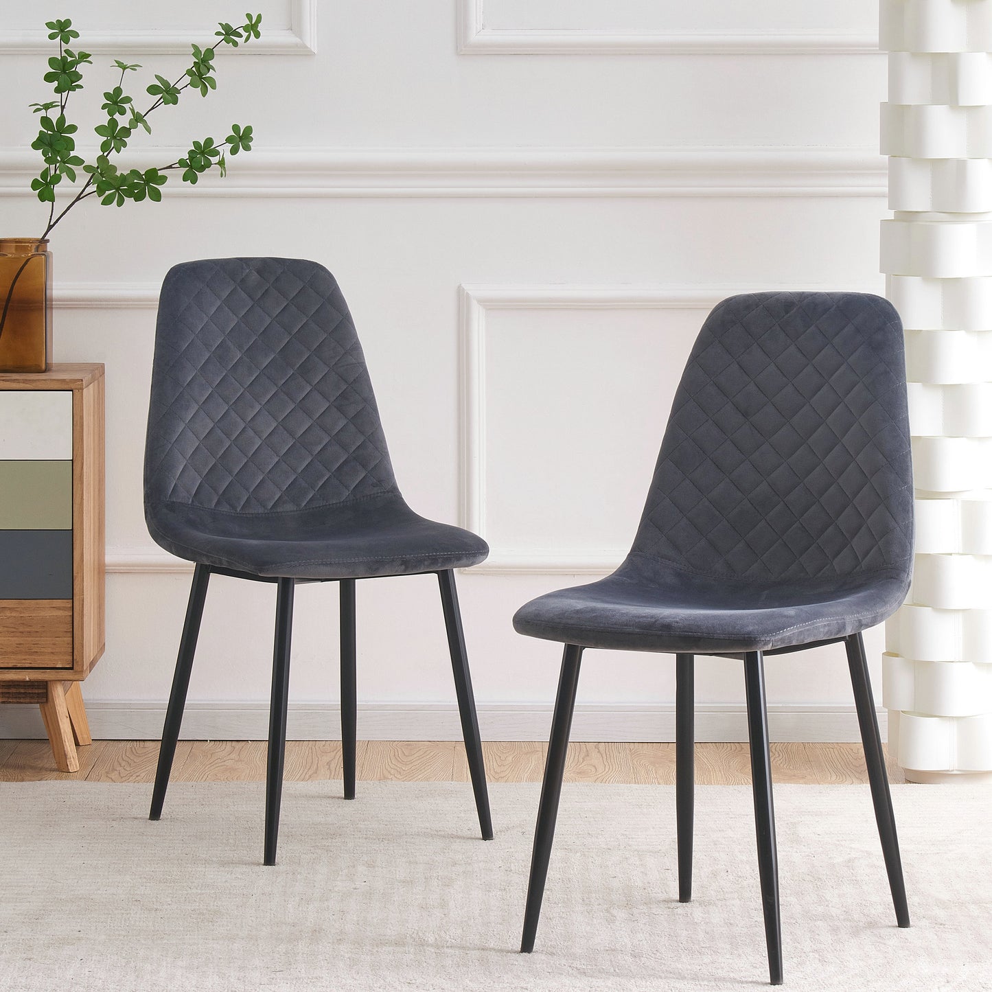 DEJINBU 2x Grey Velvet Dining Chairs Padded Seat Black Metal Legs For Home Cafe Office