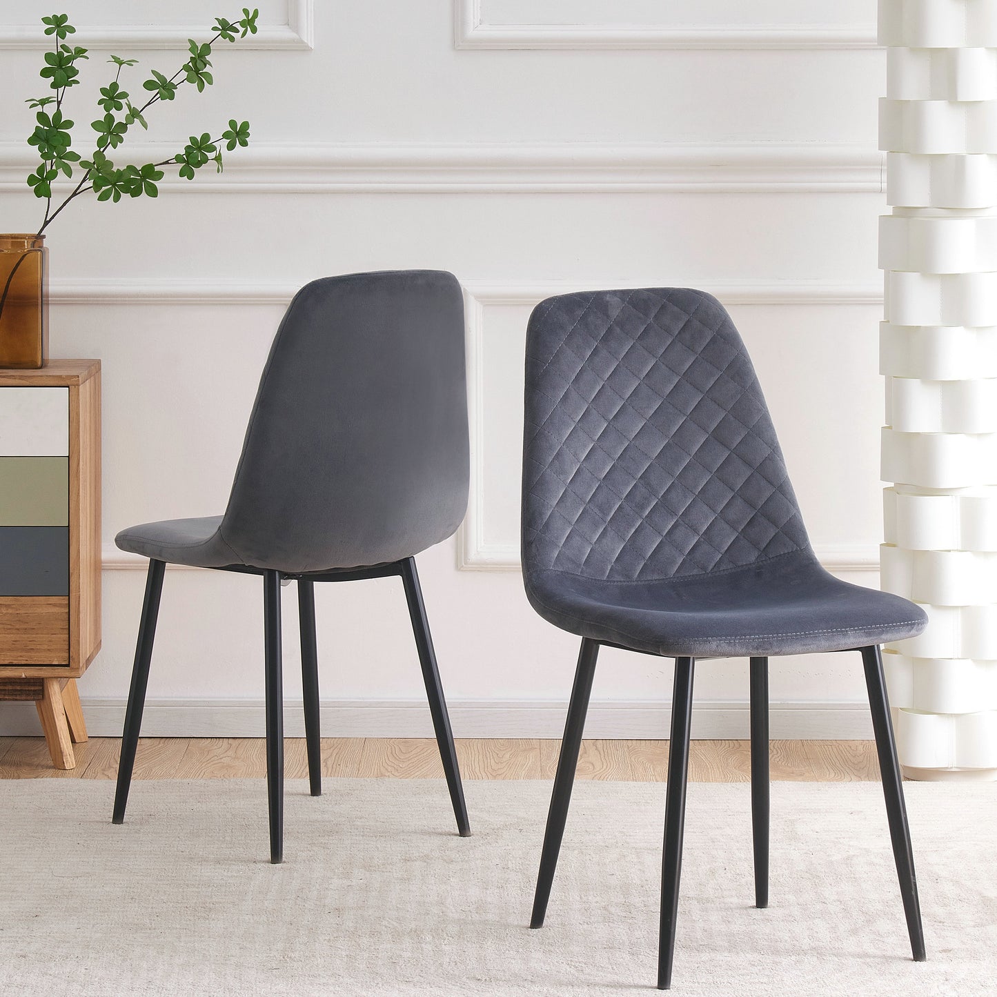 DEJINBU 2x Grey Velvet Dining Chairs Padded Seat Black Metal Legs For Home Cafe Office