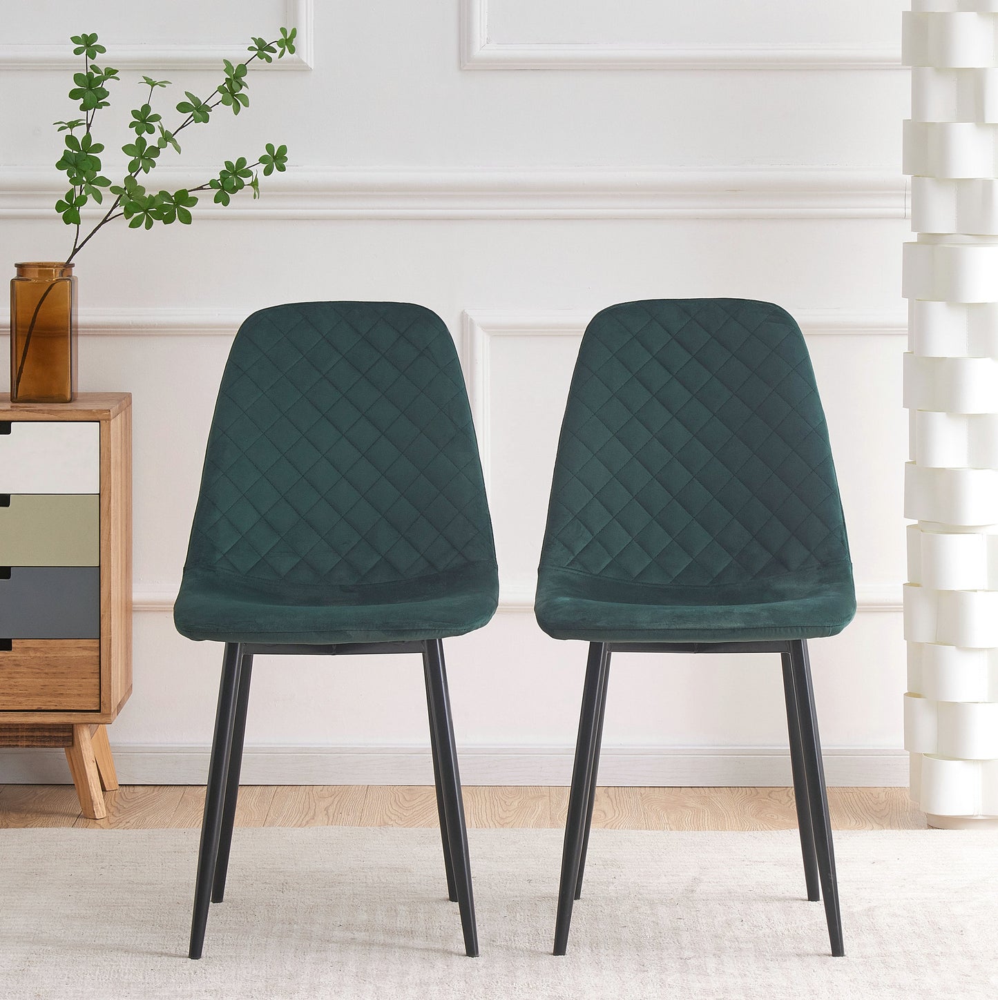 DEJINBU 2x Green Velvet Dining Chairs Padded Seat Black Metal Legs For Home Cafe Office