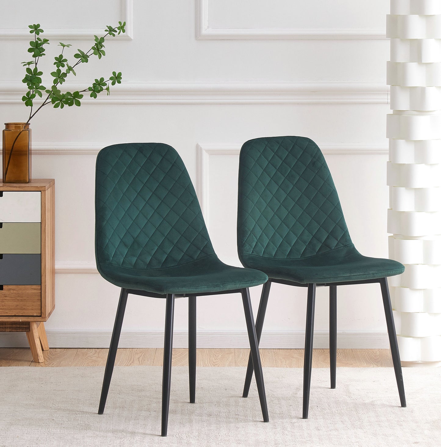 DEJINBU 2x Green Velvet Dining Chairs Padded Seat Black Metal Legs For Home Cafe Office