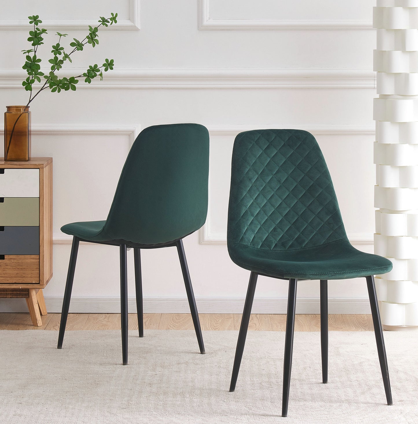 DEJINBU 2x Green Velvet Dining Chairs Padded Seat Black Metal Legs For Home Cafe Office