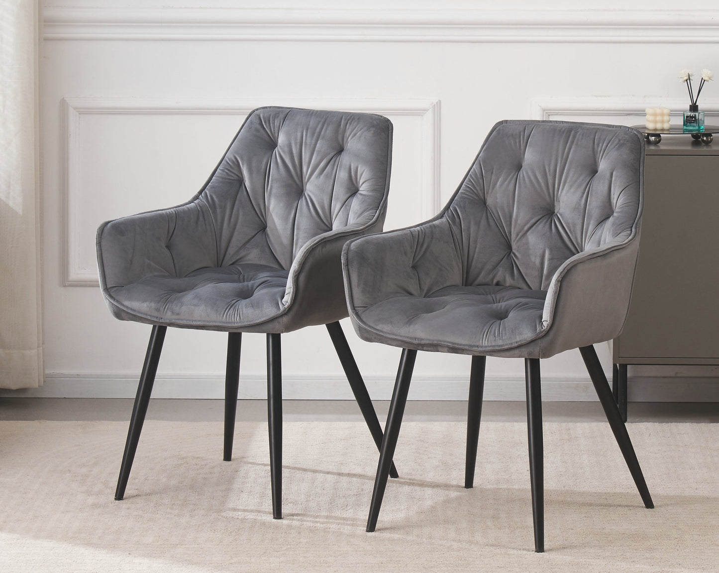 DEJINBU 2x Grey Velvet Armchair Dining Chair Tufted seat Black Metal Legs Home Cafe