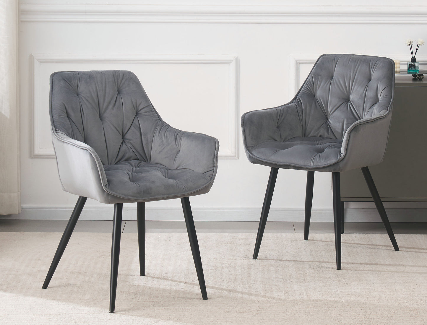 DEJINBU 2x Grey Velvet Armchair Dining Chair Tufted seat Black Metal Legs Home Cafe