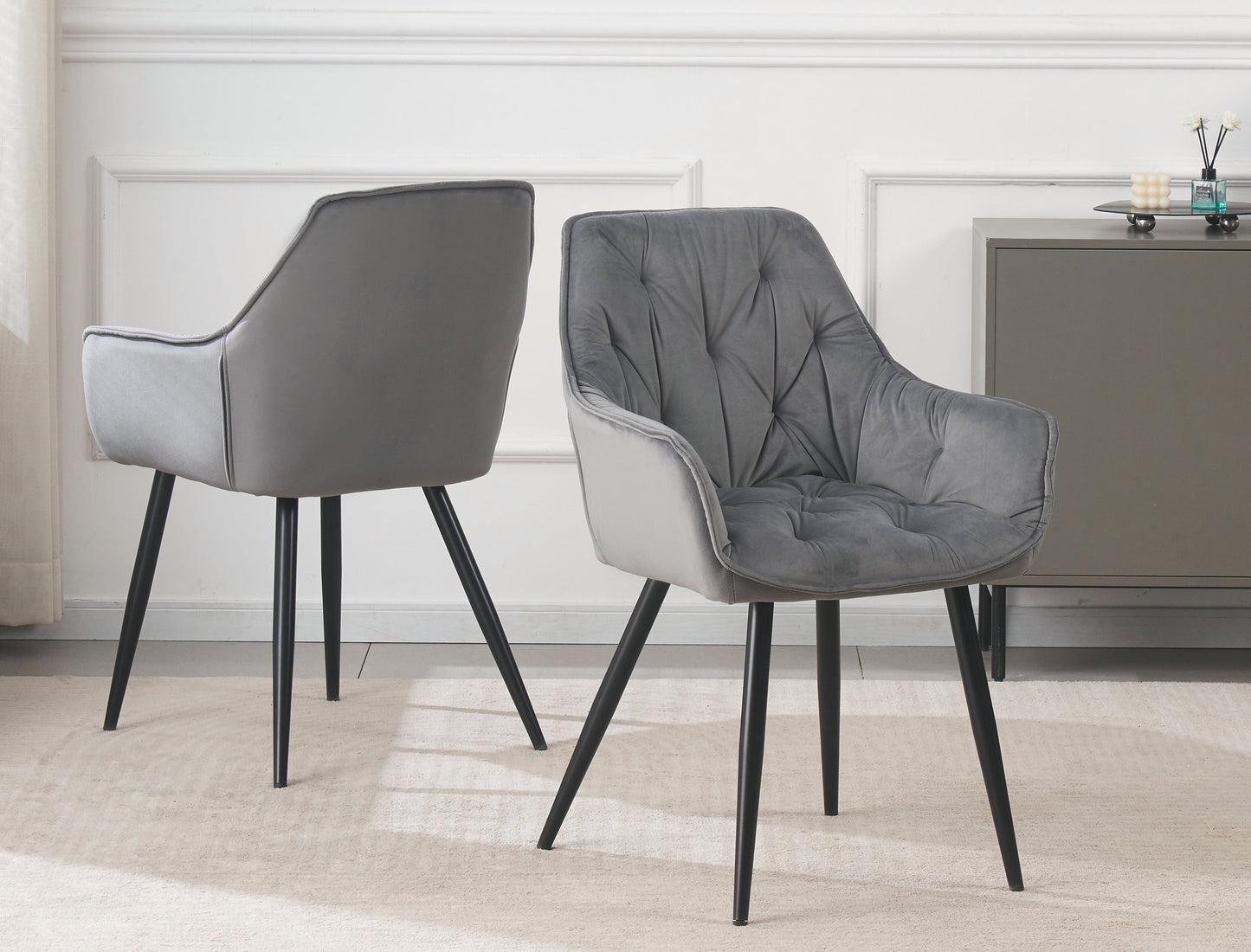 DEJINBU 2x Grey Velvet Armchair Dining Chair Tufted seat Black Metal Legs Home Cafe