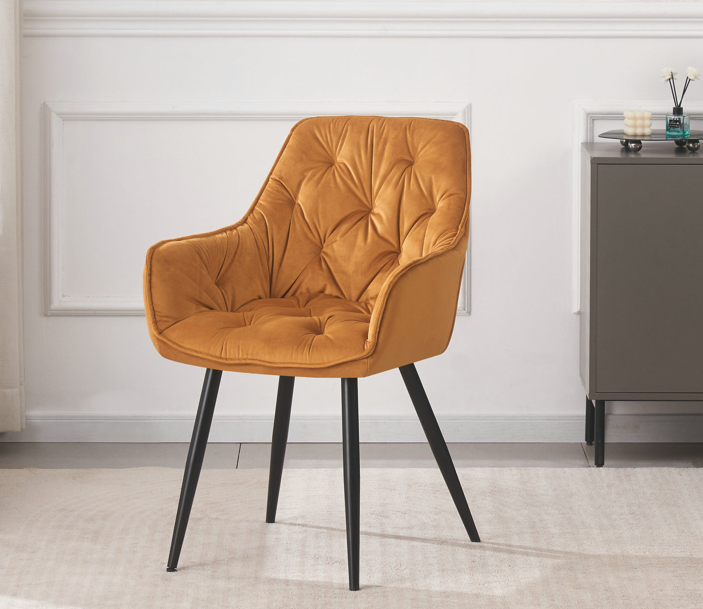 DEJINBU 1x Mustard Velvet Armchair Dining Chair Tufted seat Black Metal Legs Home Cafe
