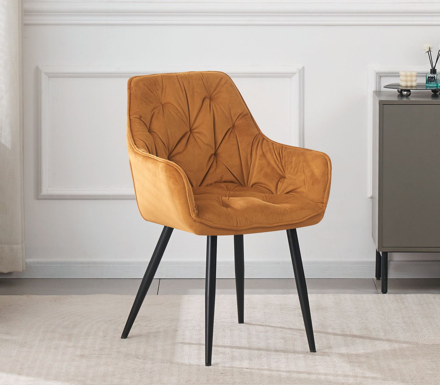 DEJINBU 1x Mustard Velvet Armchair Dining Chair Tufted seat Black Metal Legs Home Cafe
