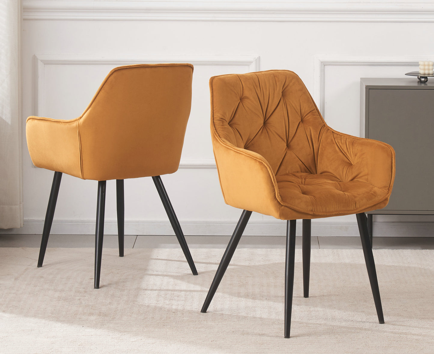 DEJINBU 1x Mustard Velvet Armchair Dining Chair Tufted seat Black Metal Legs Home Cafe