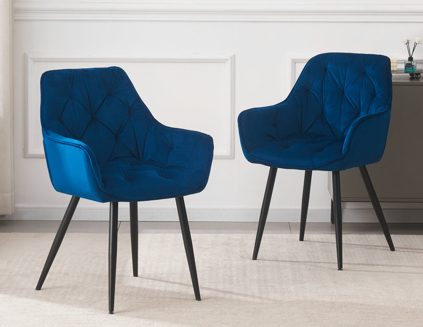 DEJINBU 1x Blue Velvet Armchair Dining Chair Tufted seat Black Metal Legs Home Cafe