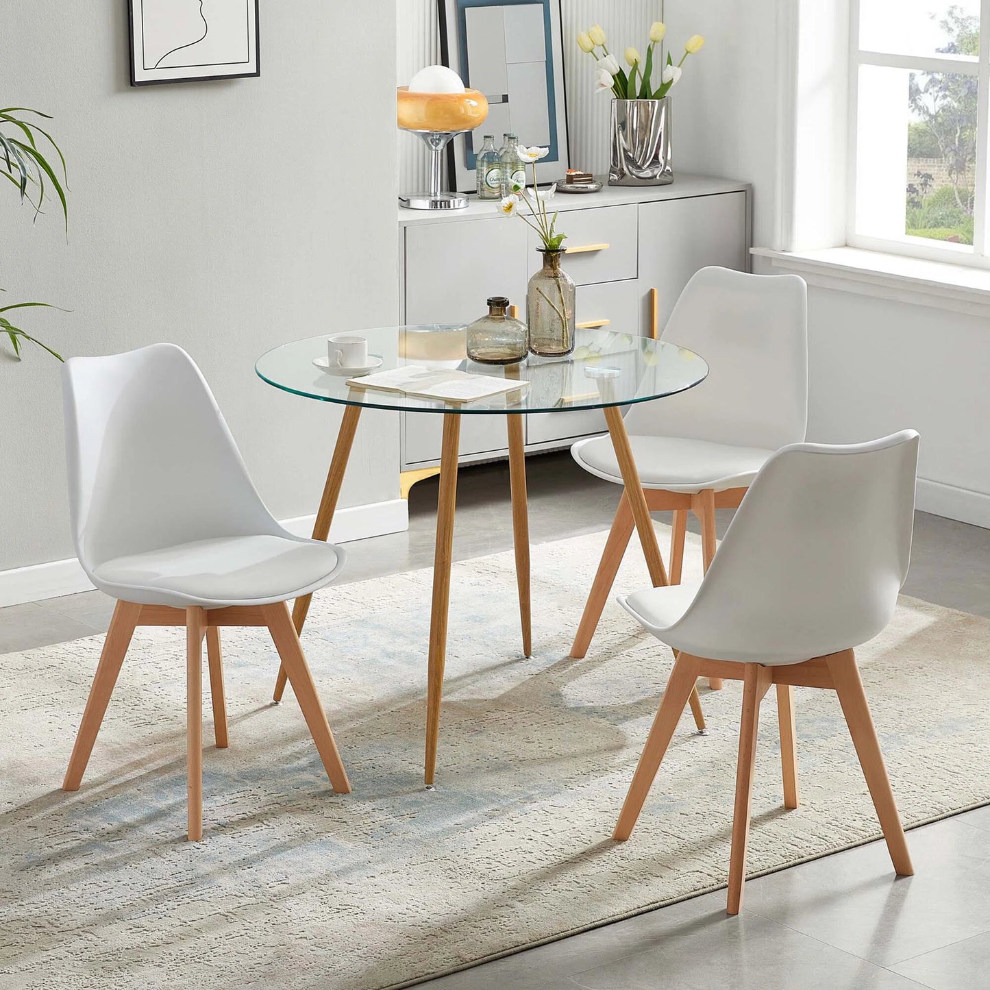 DEJINBU 2x White Dining Chairs PU padded Seat Beech Wood Legs For Home Cafe Office