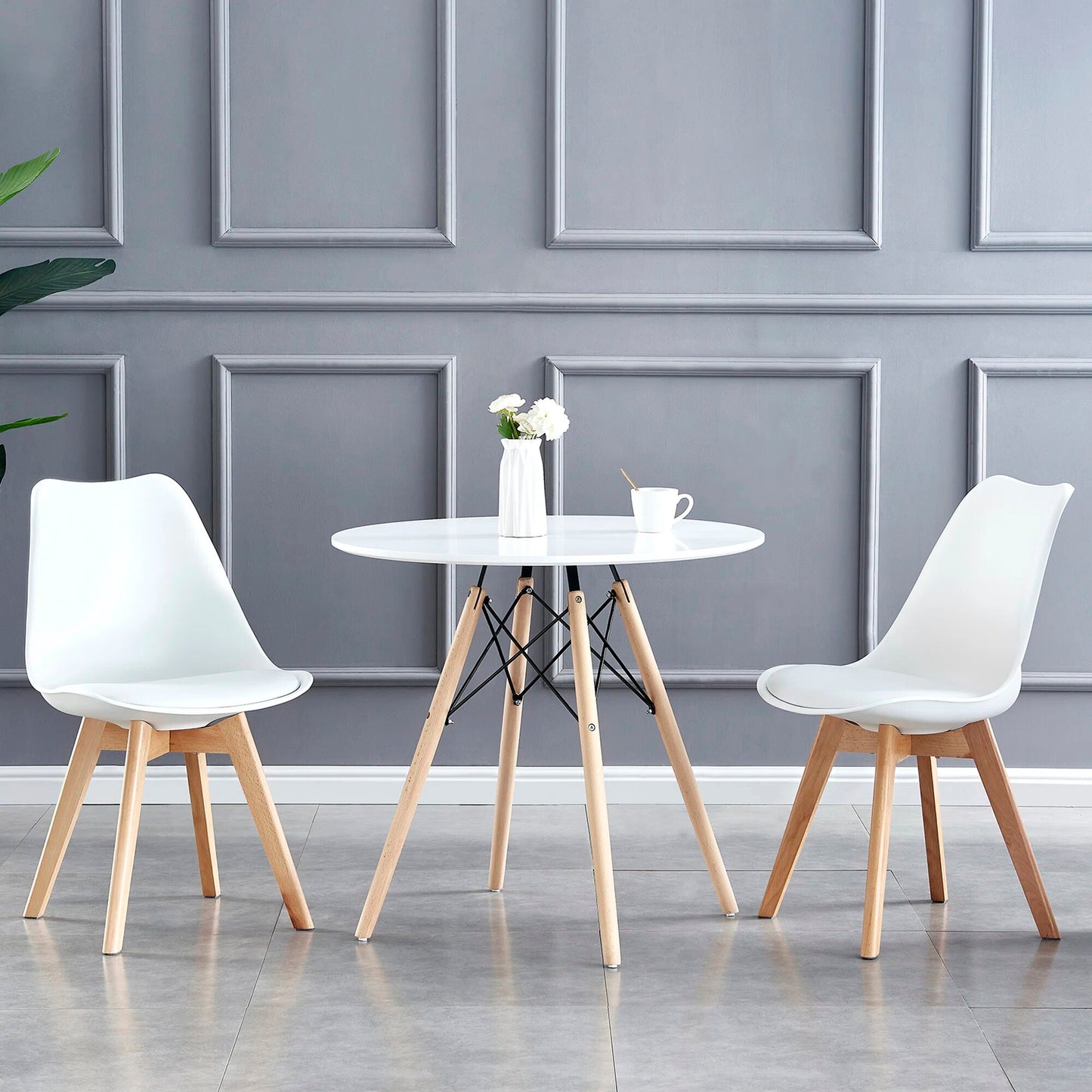 DEJINBU 3pcs Table Set 1x 80CM White Round Table With 2x White PP Padded Chair For Home Cafe Office