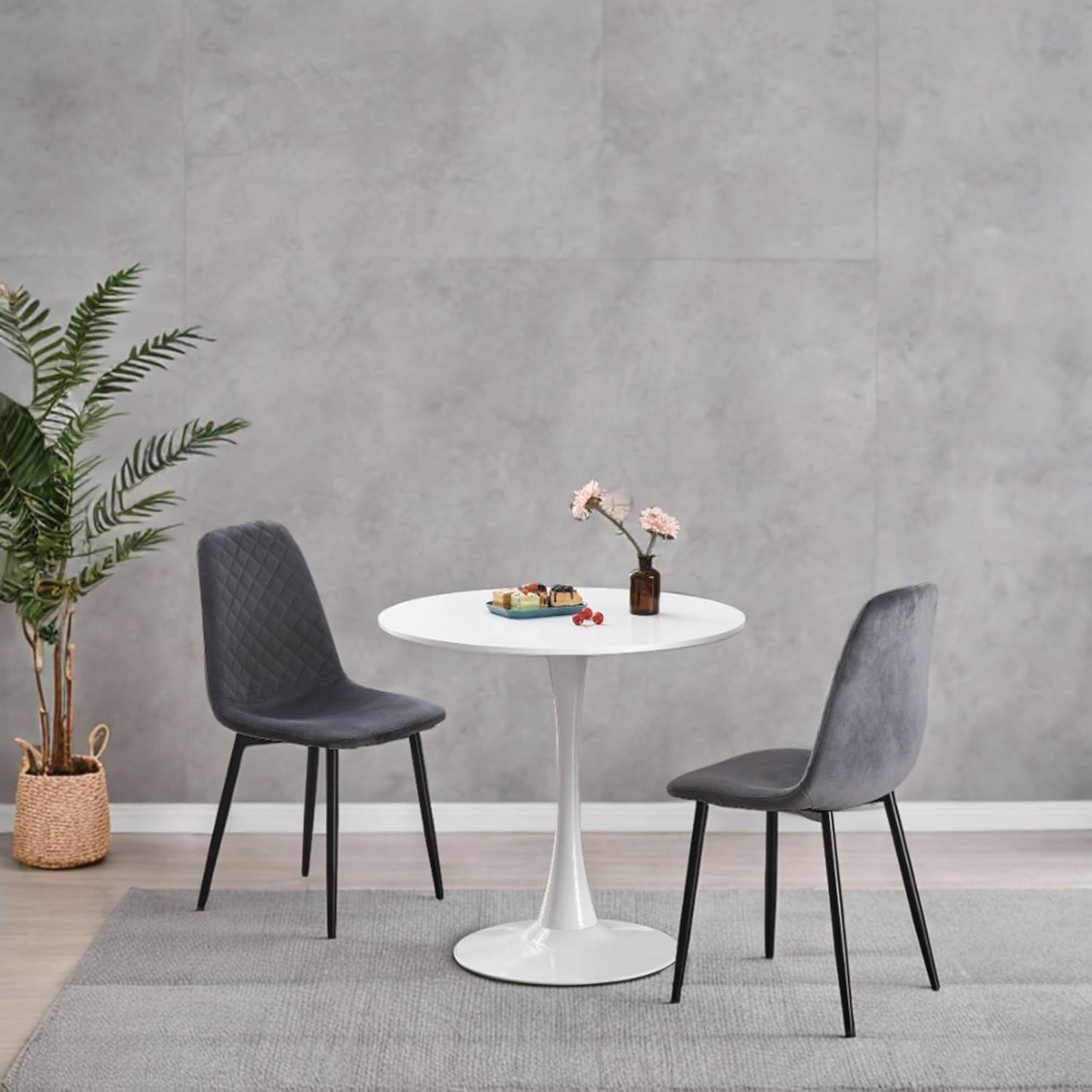 DEJINB 3pcs Table Set 1x 80CM White Tulip Table With 2x Grey Velvet Dining Chair For Home Cafe Office