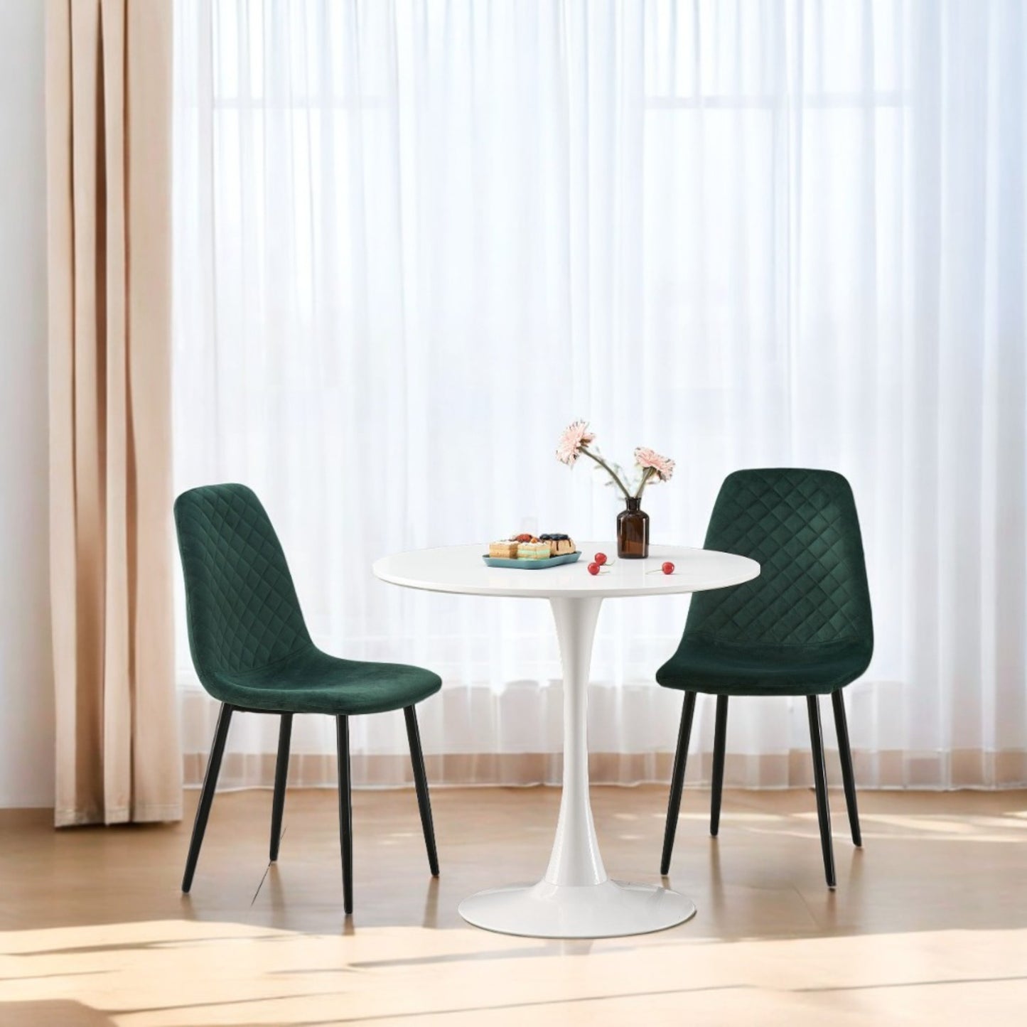 DEJINB 3pcs Table Set 1x 80CM White Tulip Table With 2x Green Velvet Dining Chair For Home Cafe Office