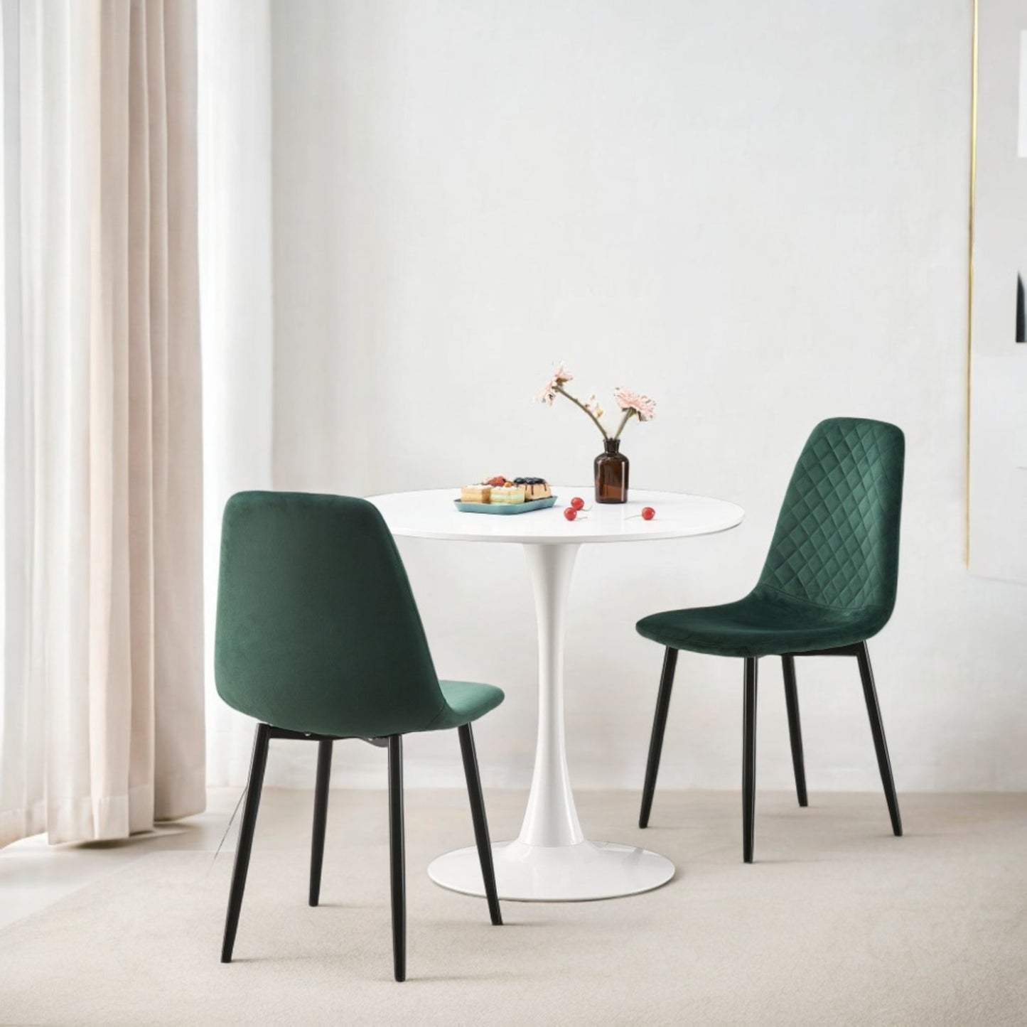 DEJINB 3pcs Table Set 1x 80CM White Tulip Table With 2x Green Velvet Dining Chair For Home Cafe Office