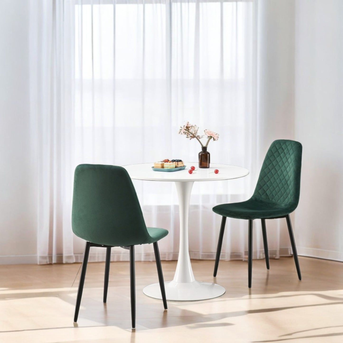DEJINB 3pcs Table Set 1x 80CM White Tulip Table With 2x Green Velvet Dining Chair For Home Cafe Office