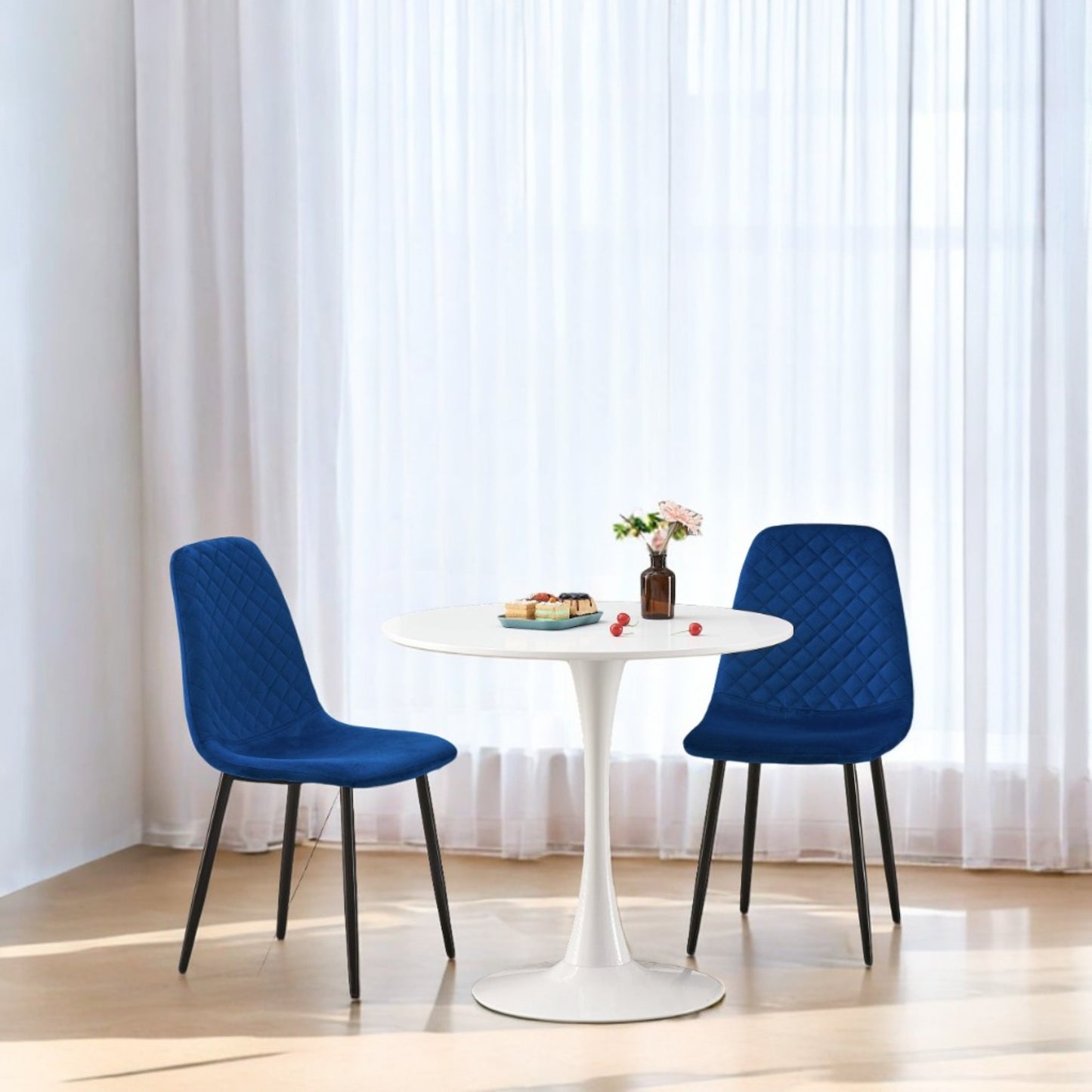 DEJINBU 3pcs Table Set 1x 80CM White Tulip Table With 2x Blue Velvet Dining Chair For Home Cafe Office