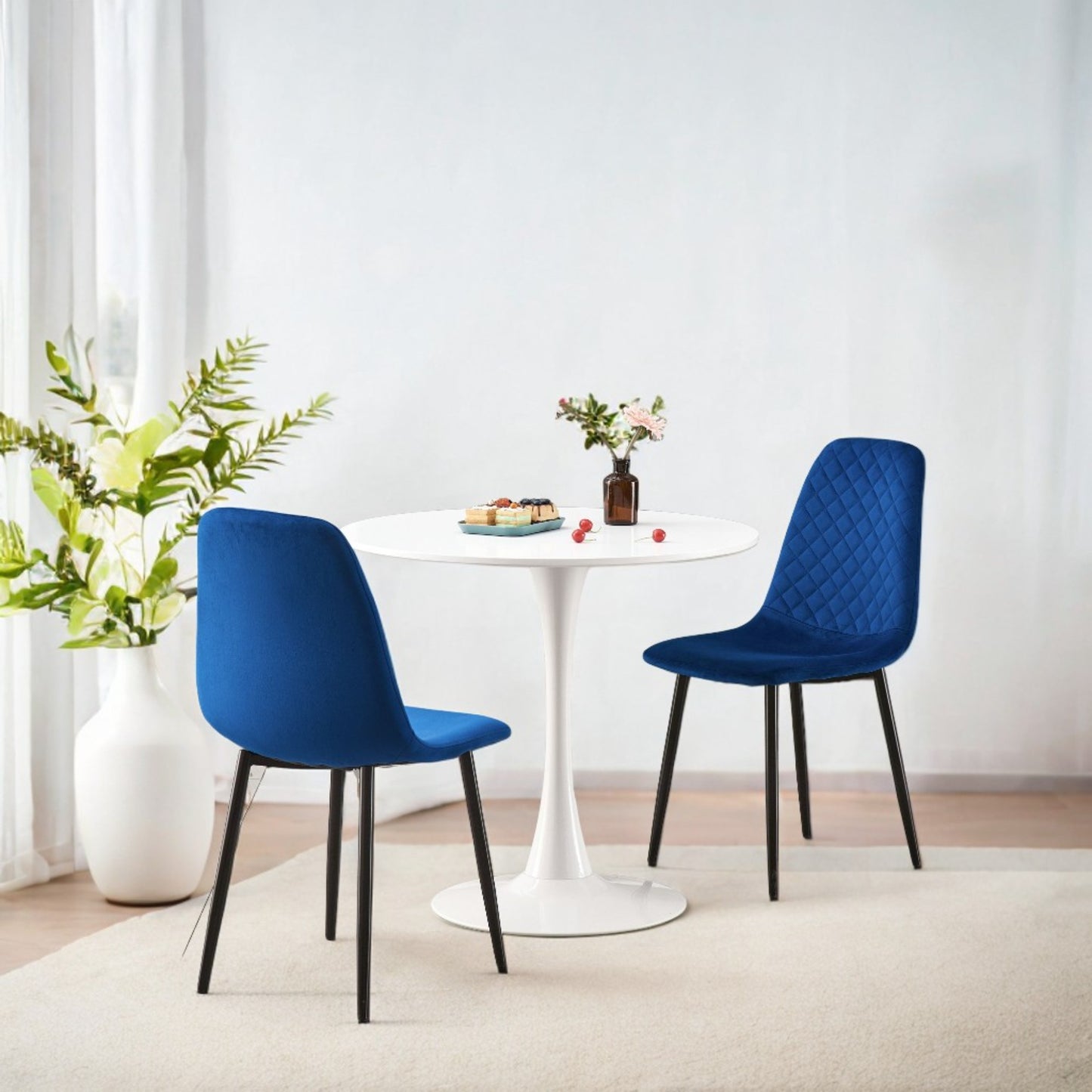 DEJINBU 3pcs Table Set 1x 80CM White Tulip Table With 2x Blue Velvet Dining Chair For Home Cafe Office