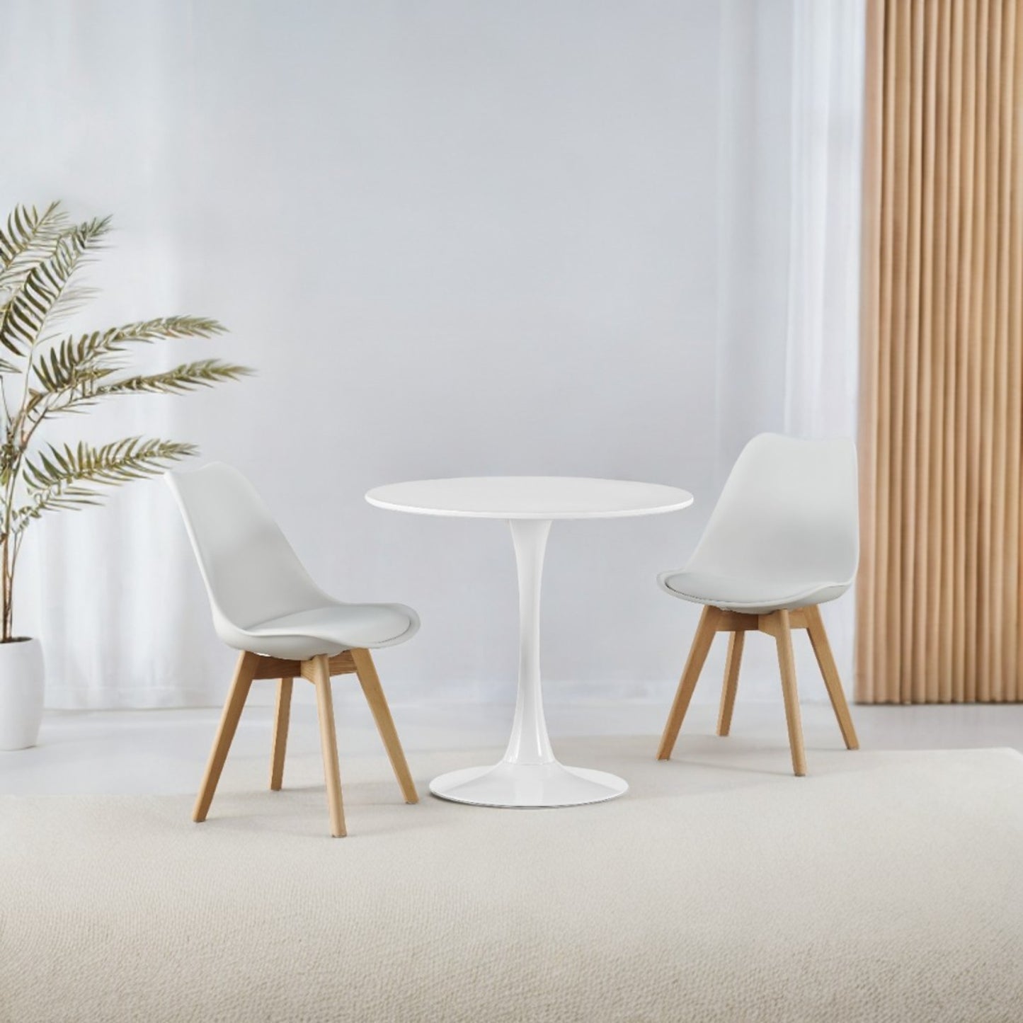 DEJINBU 3pcs Table Set 1x 80CM White Tulip Table With 2x White PP Padded Chair For Home Cafe Office