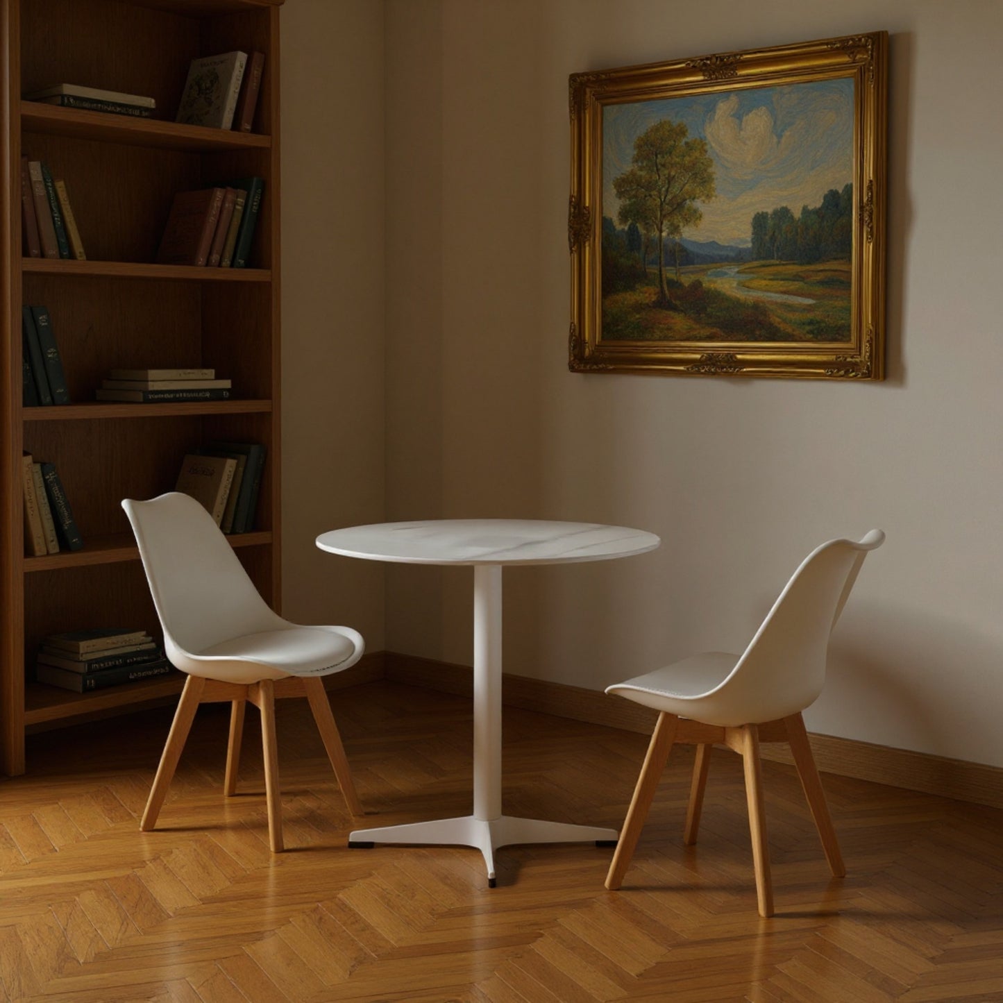 DEJINBU 3pcs Table Set 1x 80CM Faux Marble White Round Table With 2x White PP Padded Chair For Home Cafe Office Apartment