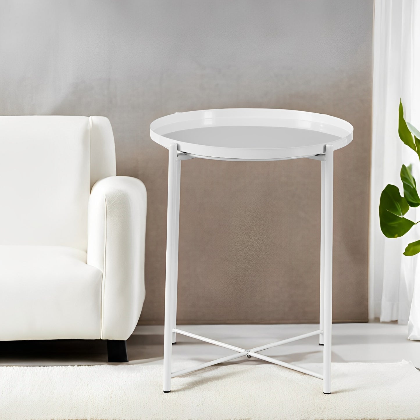 1x Modern White Metal Side Table, Round End Table with Metal X-Base - Ideal for Living Room, Bedroom, Small Spaces Corners