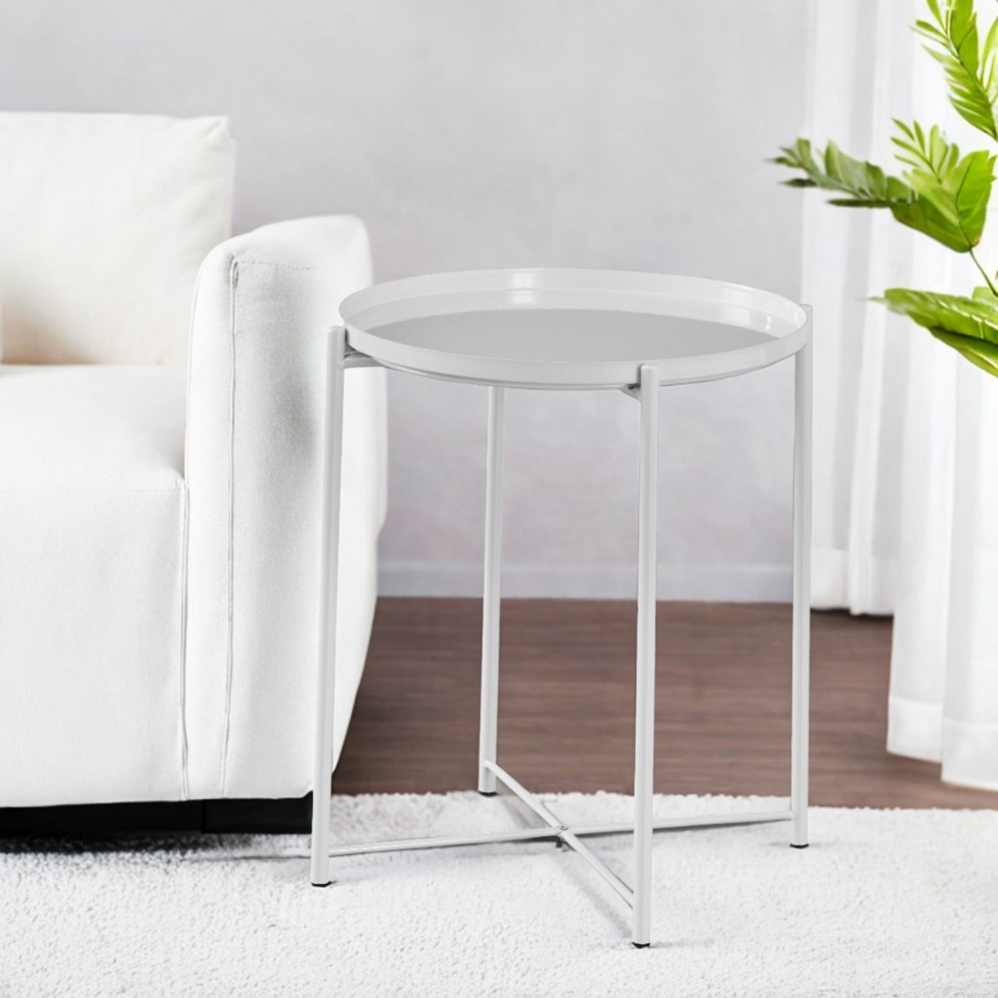 1x Modern White Metal Side Table, Round End Table with Metal X-Base - Ideal for Living Room, Bedroom, Small Spaces Corners