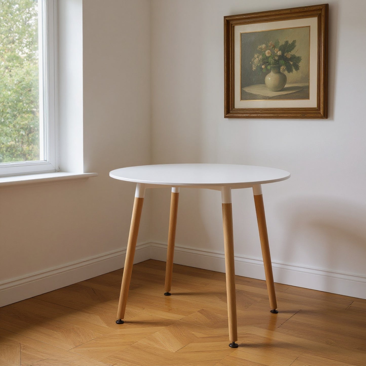 DEJINBU 1x 80CM Round Table Dining Table White MDF Table Top 4 Individual Wood Legs with Adjustable feet