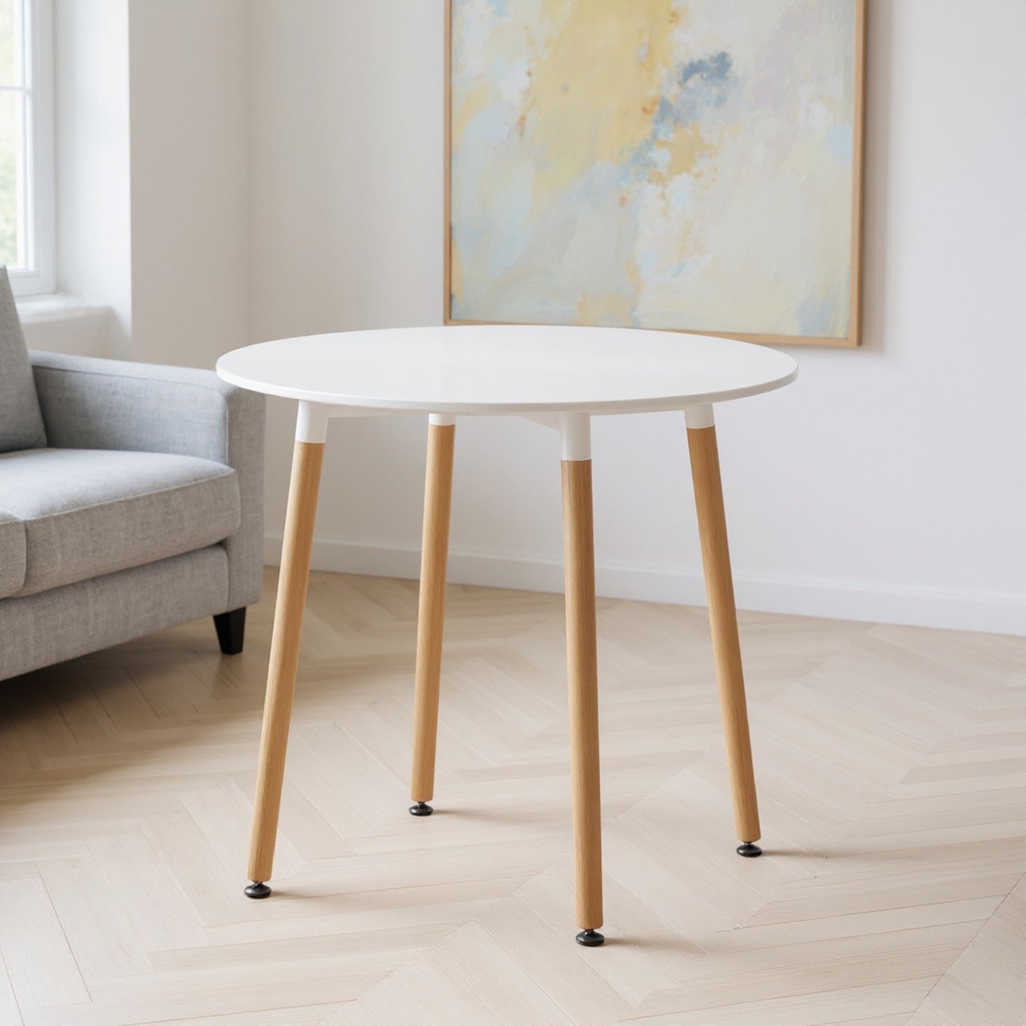 DEJINBU 1x 80CM Round Table Dining Table White MDF Table Top 4 Individual Wood Legs with Adjustable feet