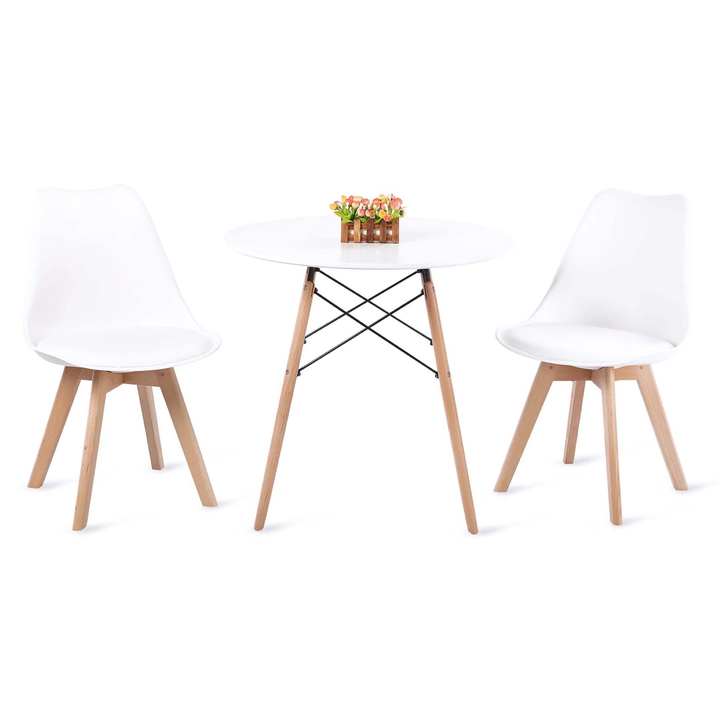 DEJINBU 3pcs Table Set 1x 80CM White Round Table With 2x White PP Padded Chair For Home Cafe Office