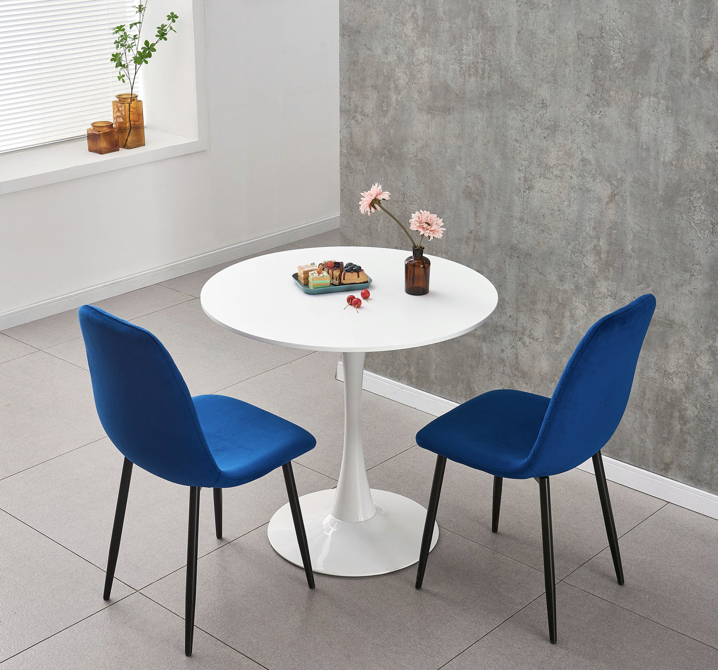 DEJINBU 3pcs Table Set 1x 80CM White Tulip Table With 2x Blue Velvet Dining Chair For Home Cafe Office