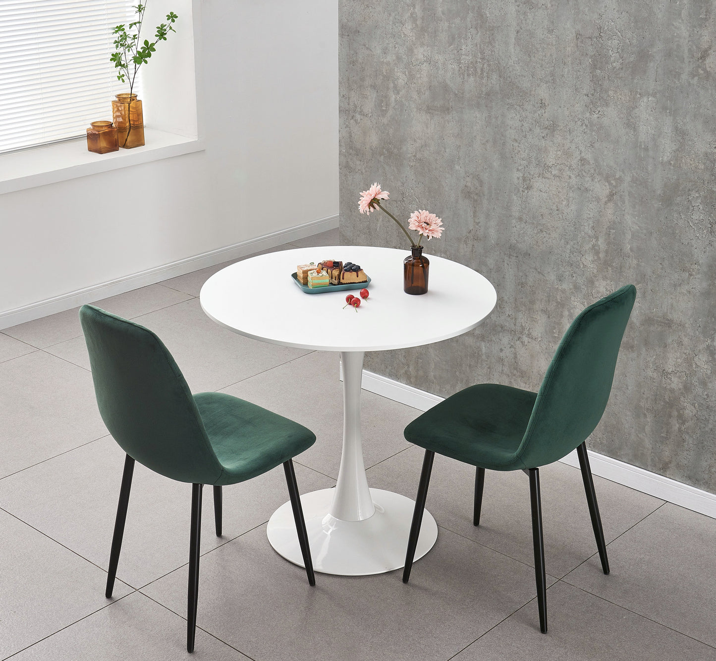 DEJINB 3pcs Table Set 1x 80CM White Tulip Table With 2x Green Velvet Dining Chair For Home Cafe Office