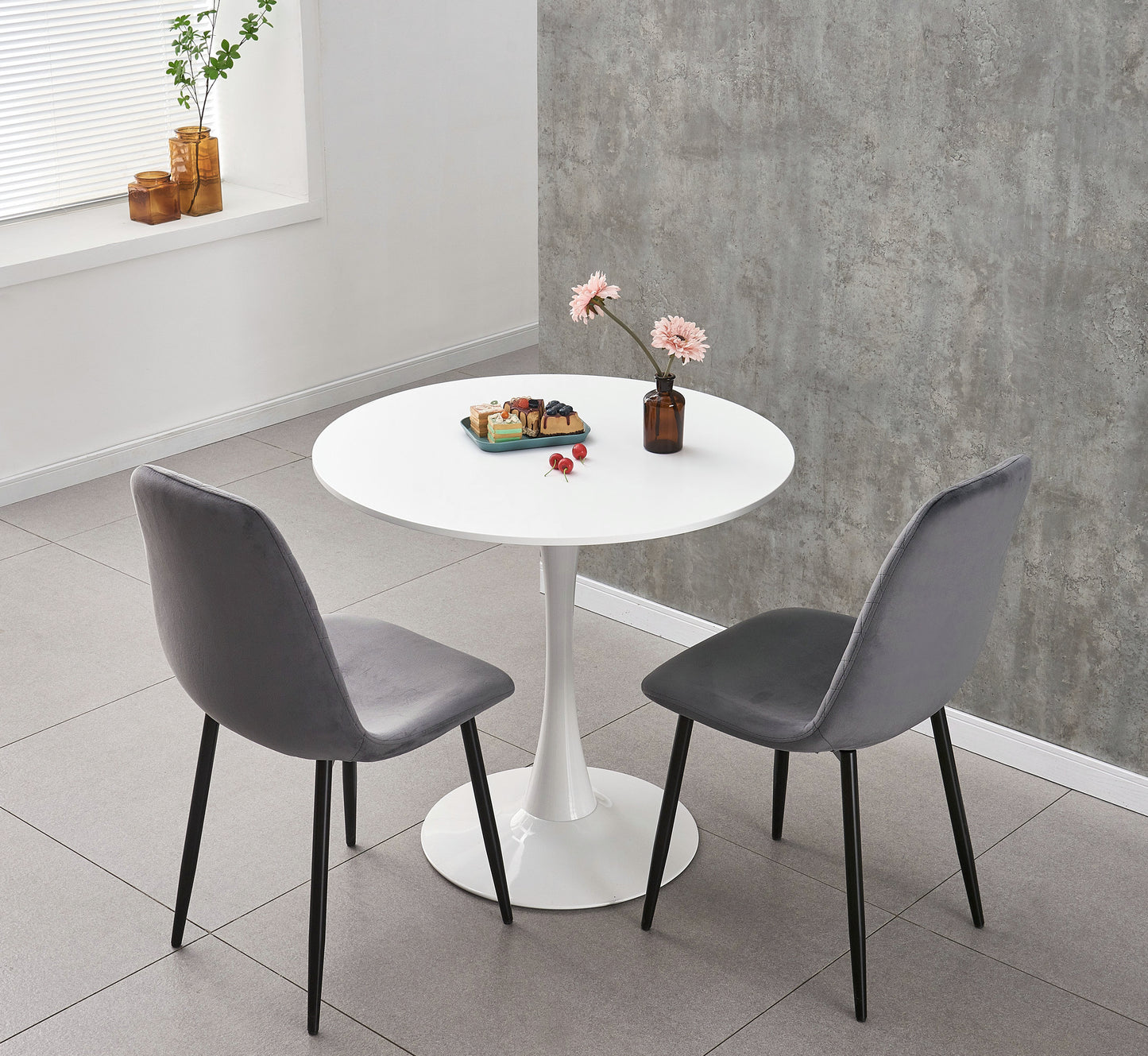 DEJINB 3pcs Table Set 1x 80CM White Tulip Table With 2x Grey Velvet Dining Chair For Home Cafe Office