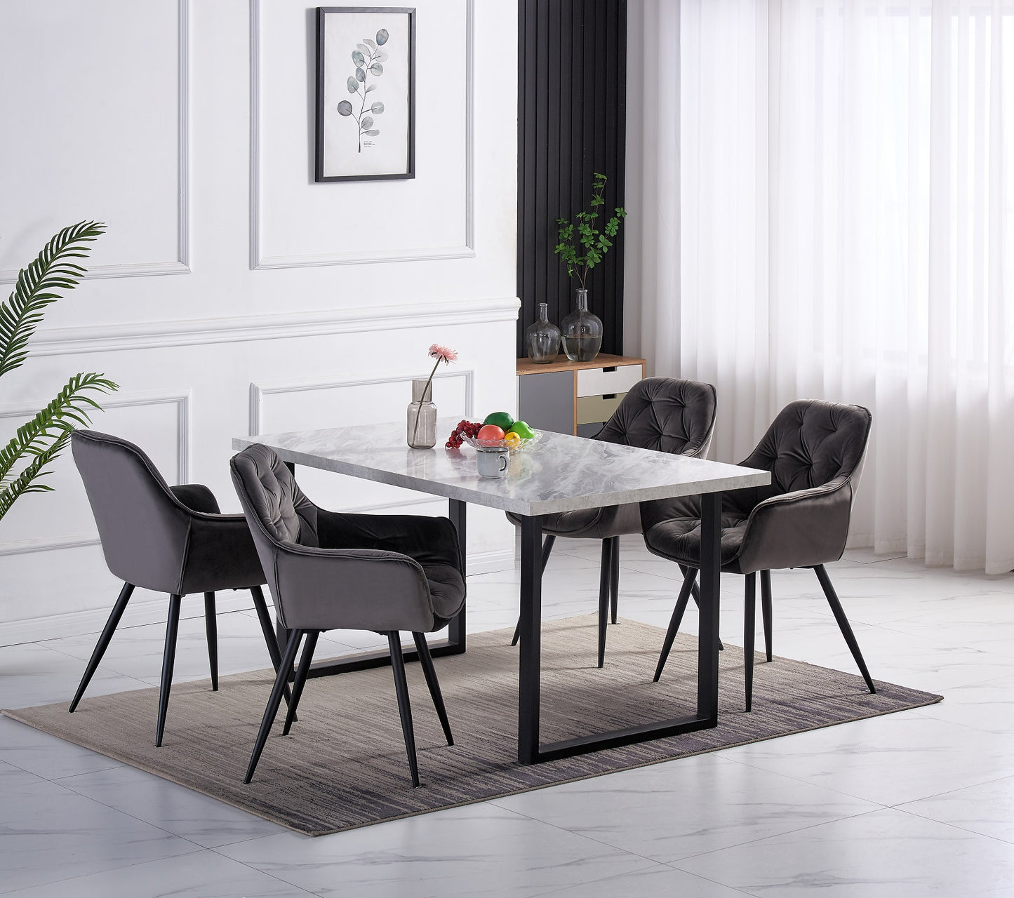 DEJINBU 1x Grey Velvet Armchair Dining Chair Tufted seat Black Metal Legs Home Cafe
