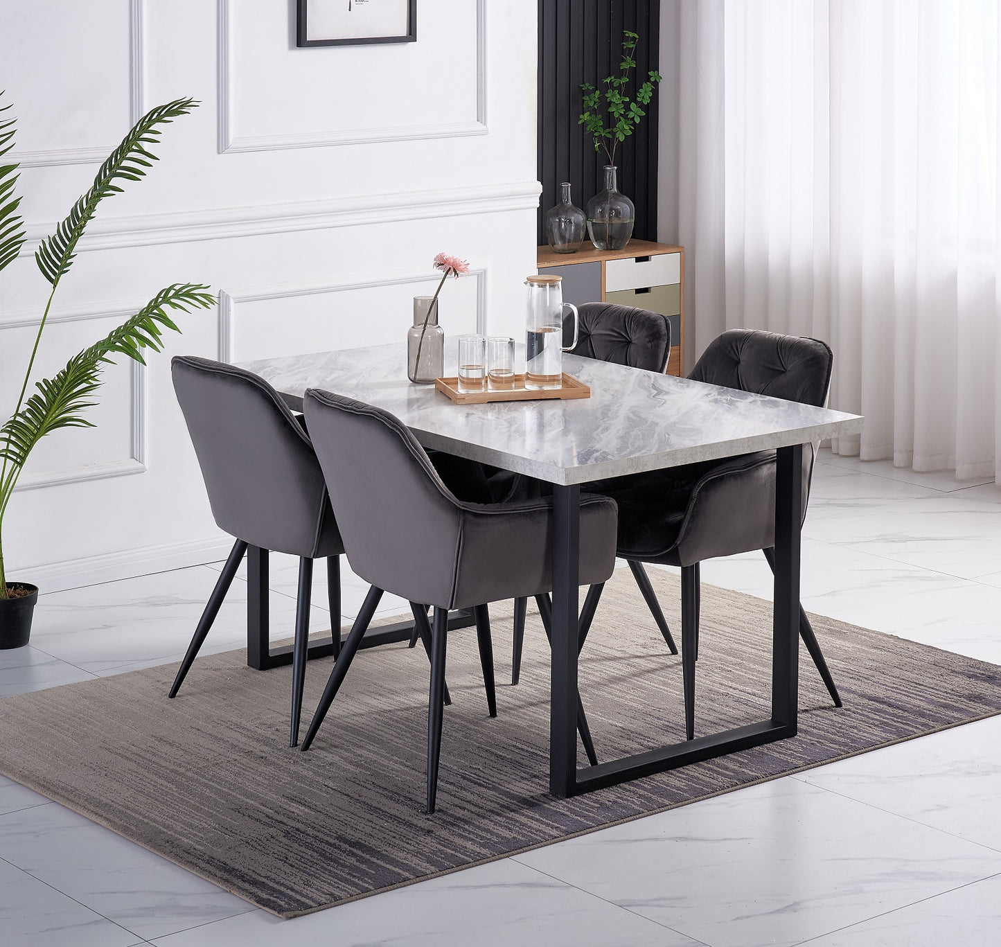 DEJINBU 1x Grey Velvet Armchair Dining Chair Tufted seat Black Metal Legs Home Cafe