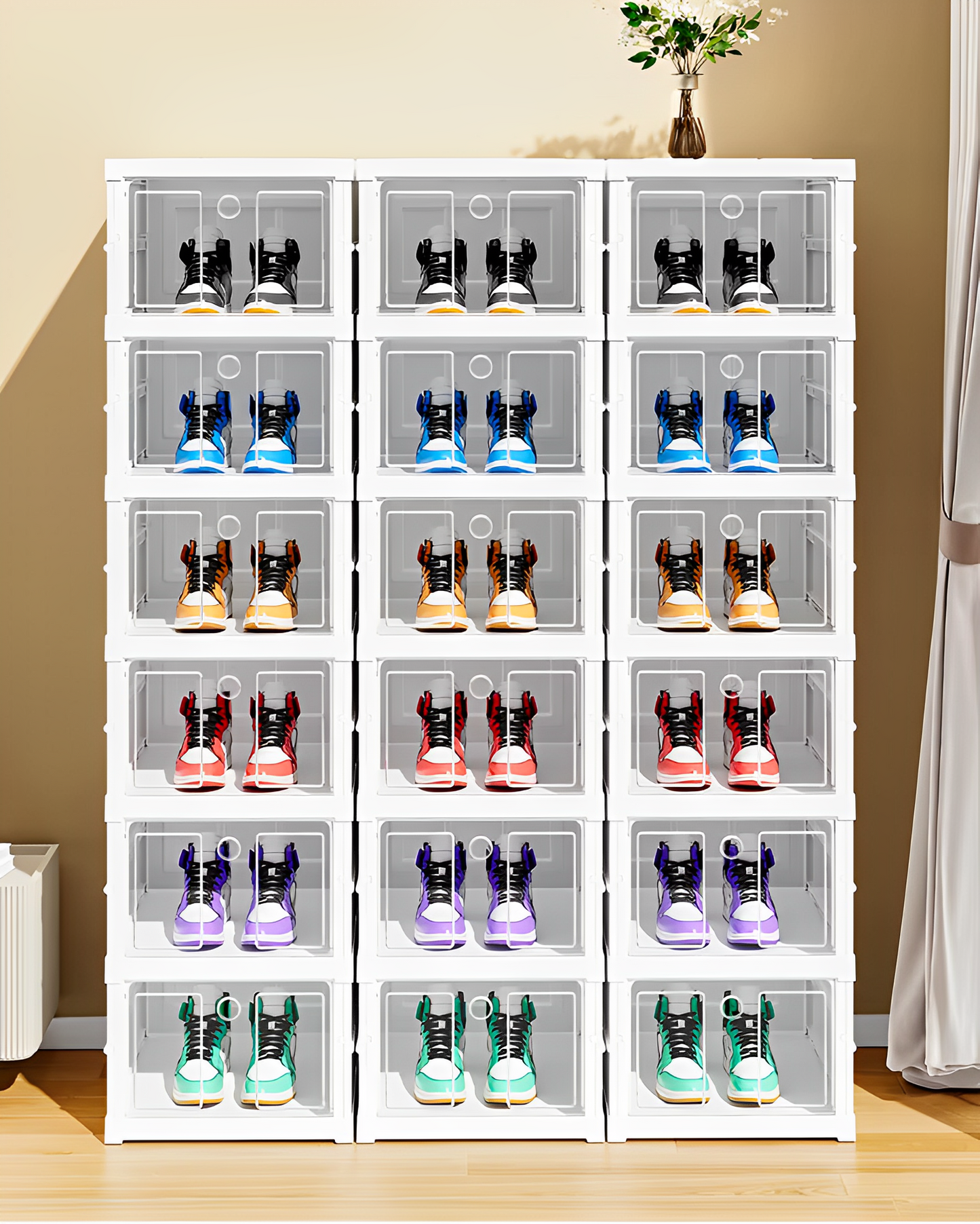 1x PP Foldable Shoe Storage Box 6 Pairs Single 6-Tiers Clear Door Space-Saving Organizer for Closet, Home Office Durable Transparent Shoe Rack