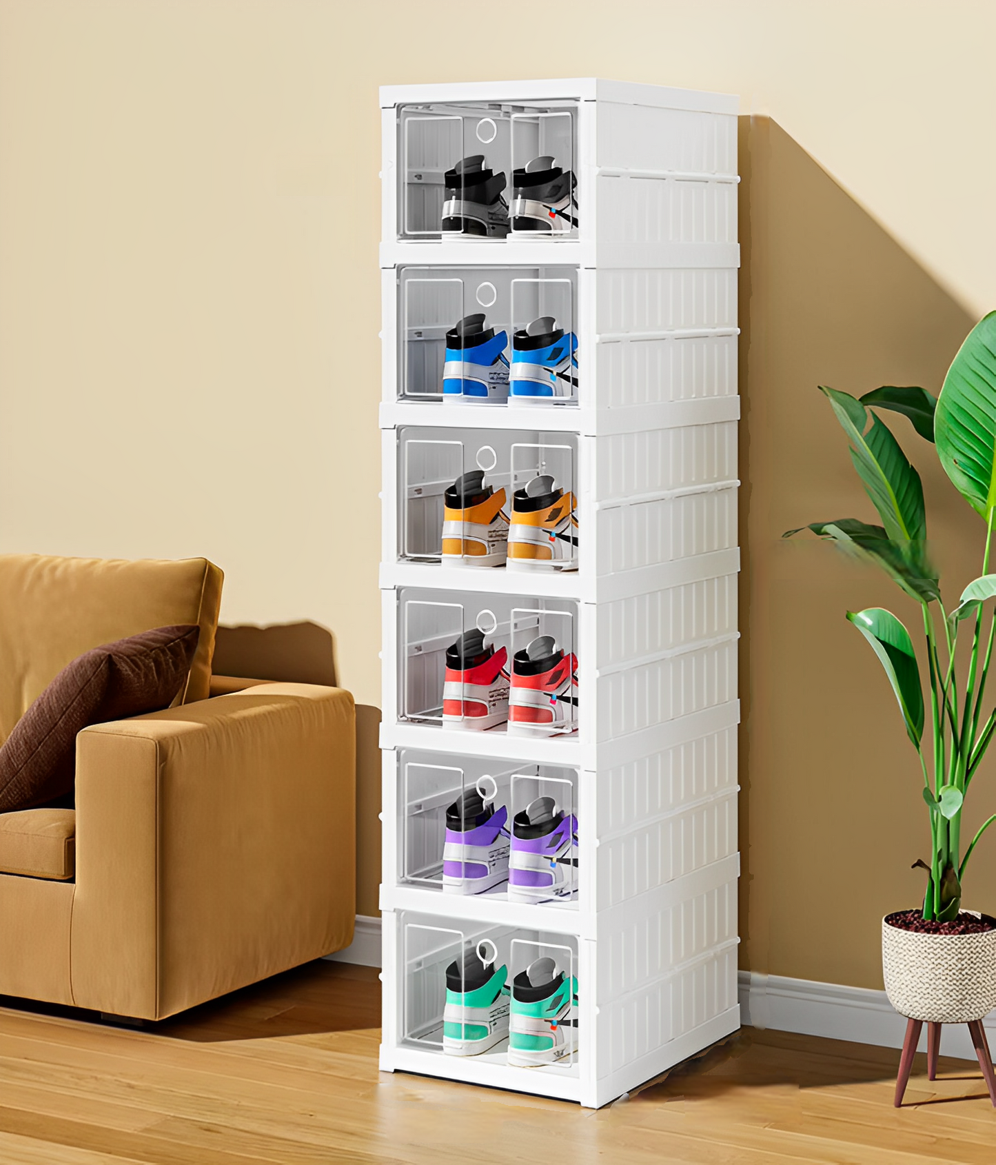 1x PP Foldable Shoe Storage Box 6 Pairs Single 6-Tiers Clear Door Space-Saving Organizer for Closet, Home Office Durable Transparent Shoe Rack