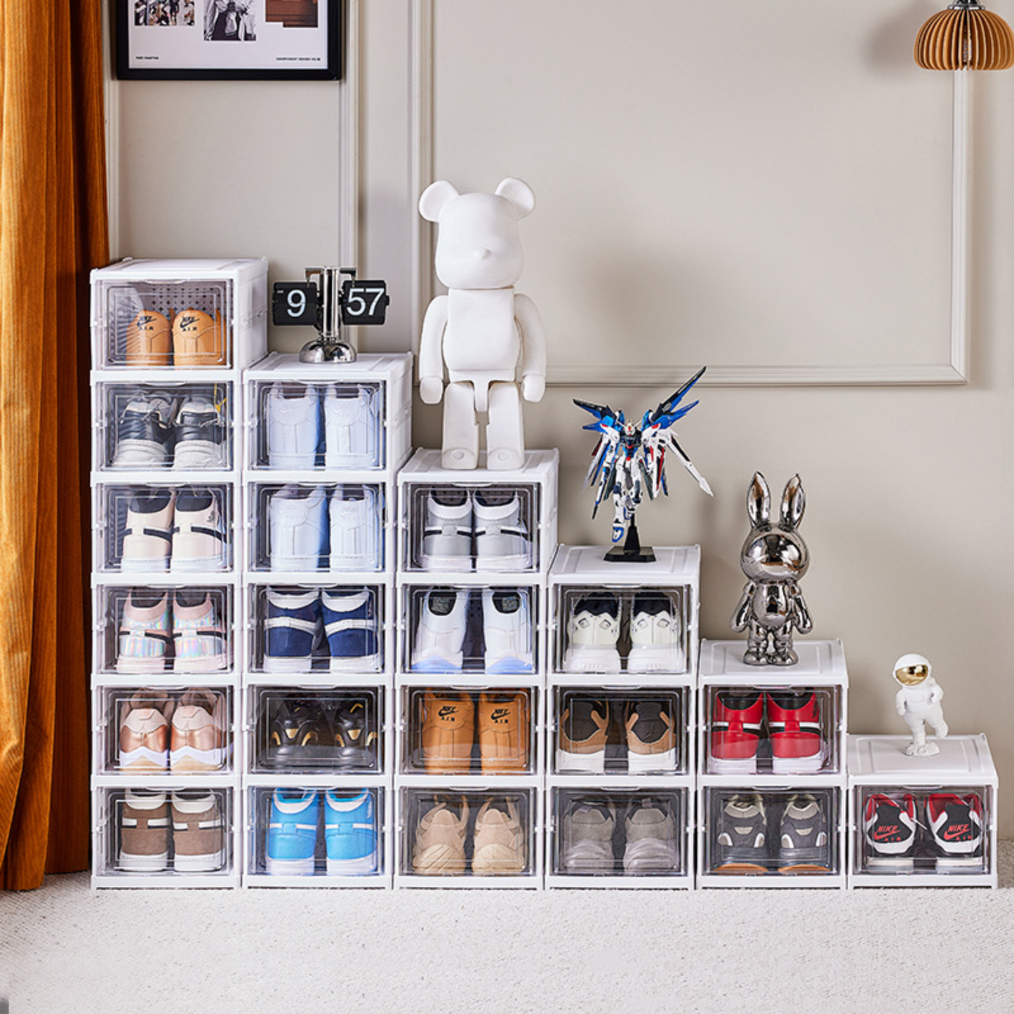 1x PP Foldable Shoe Storage Box 6 Pairs Single 6-Tiers Clear Door Space-Saving Organizer for Closet, Home Office Durable Transparent Shoe Rack