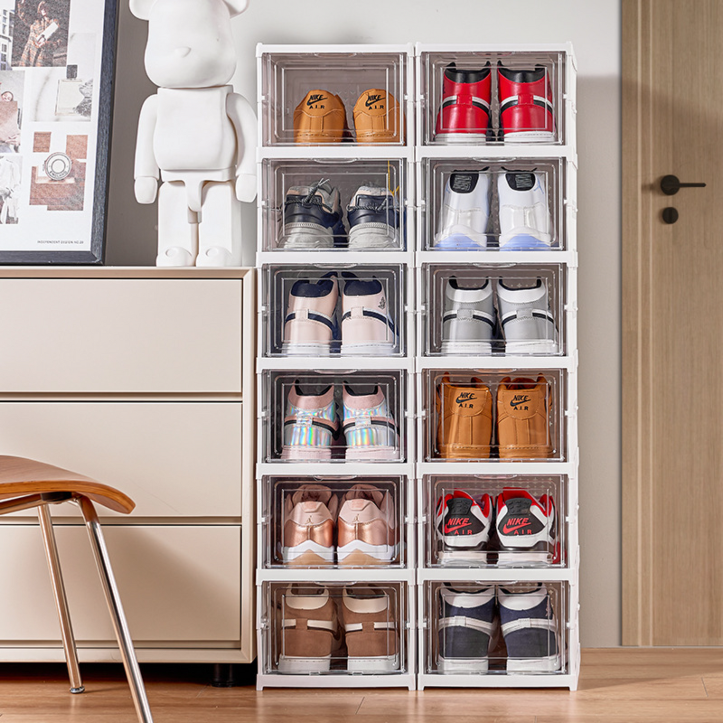 1x PP Foldable Shoe Storage Box 6 Pairs Single 6-Tiers Clear Door Space-Saving Organizer for Closet, Home Office Durable Transparent Shoe Rack