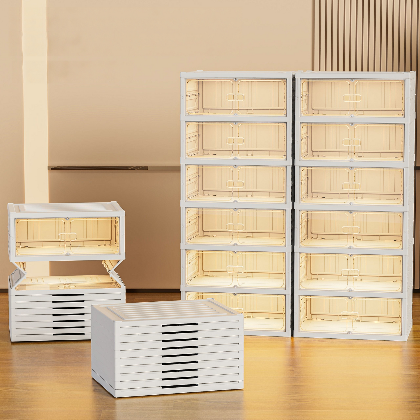 1x PP Foldable Shoe Storage Box 12 Paris Double 6-Tiers Clear Magnetic Closure Door Space-Saving Organizer for Closet, Home Office Durable Transparent Shoe Rack