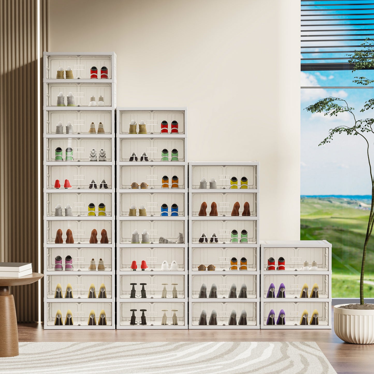 1x PP Foldable Shoe Storage Box 12 Paris Double 6-Tiers Clear Magnetic Closure Door Space-Saving Organizer for Closet, Home Office Durable Transparent Shoe Rack