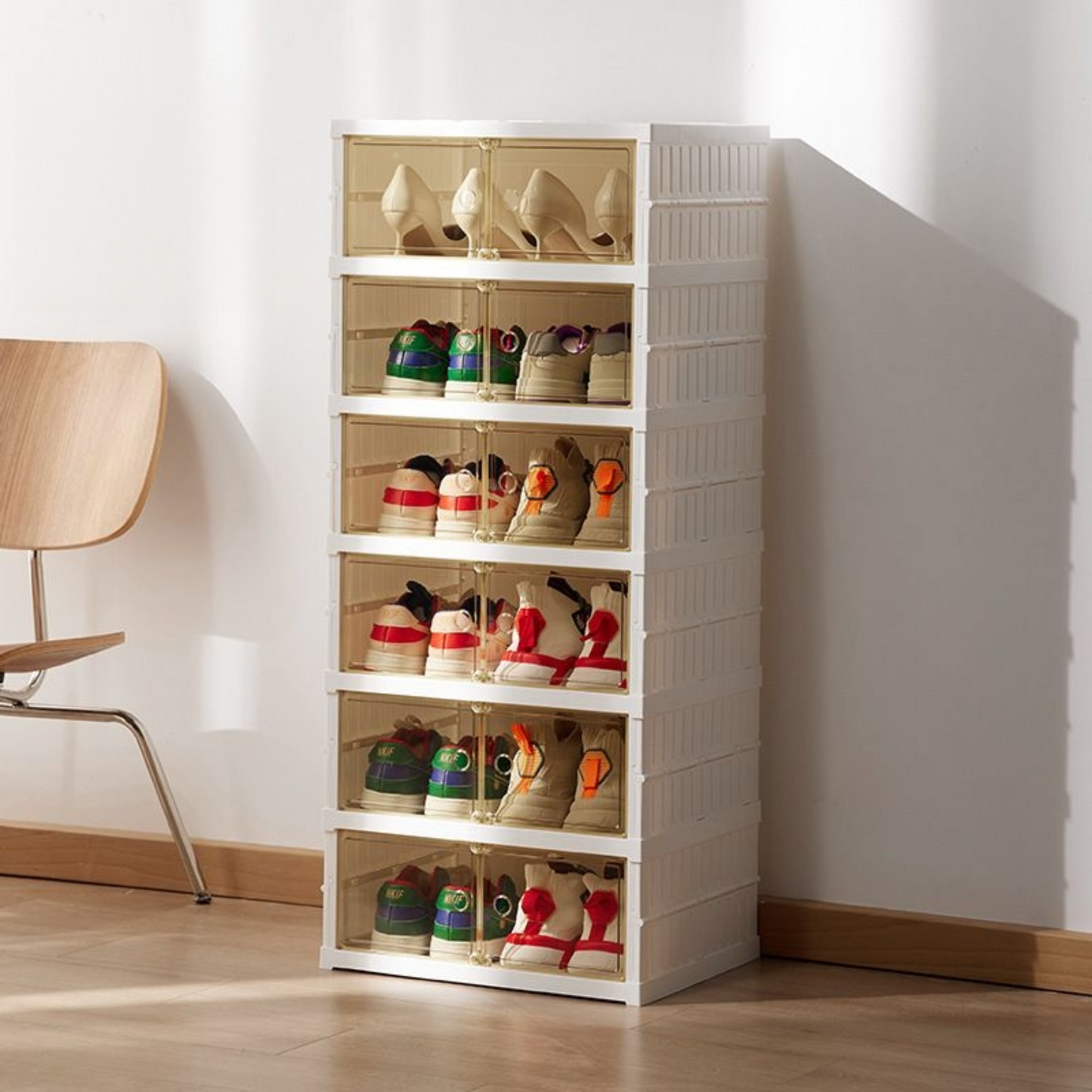 1x PP Foldable Shoe Storage Box 12 Paris Double 6-Tiers Clear Magnetic Closure Door Space-Saving Organizer for Closet, Home Office Durable Transparent Shoe Rack