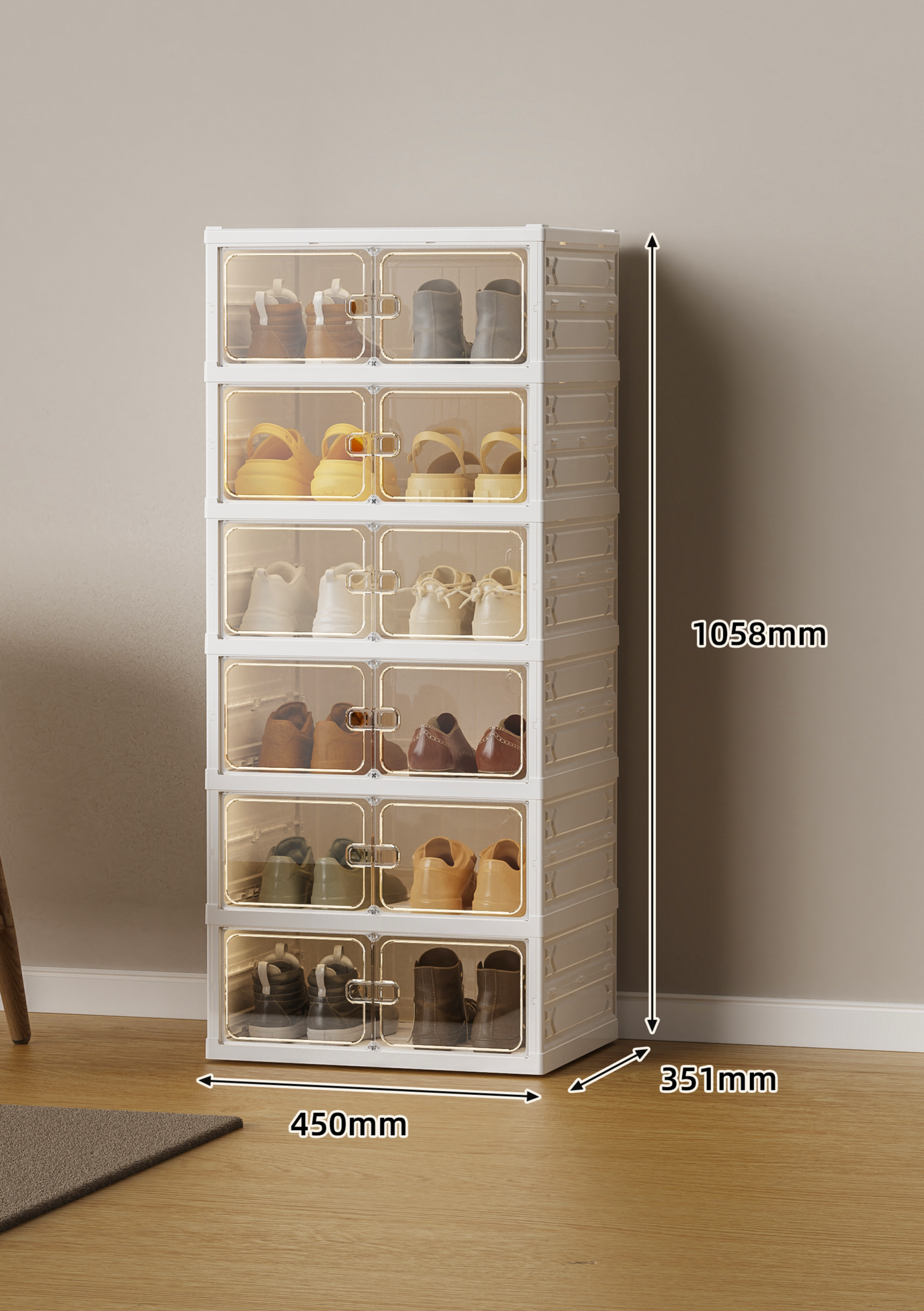 1x PP Foldable Shoe Storage Box 12 Paris Double 6-Tiers Clear Magnetic Closure Door Space-Saving Organizer for Closet, Home Office Durable Transparent Shoe Rack