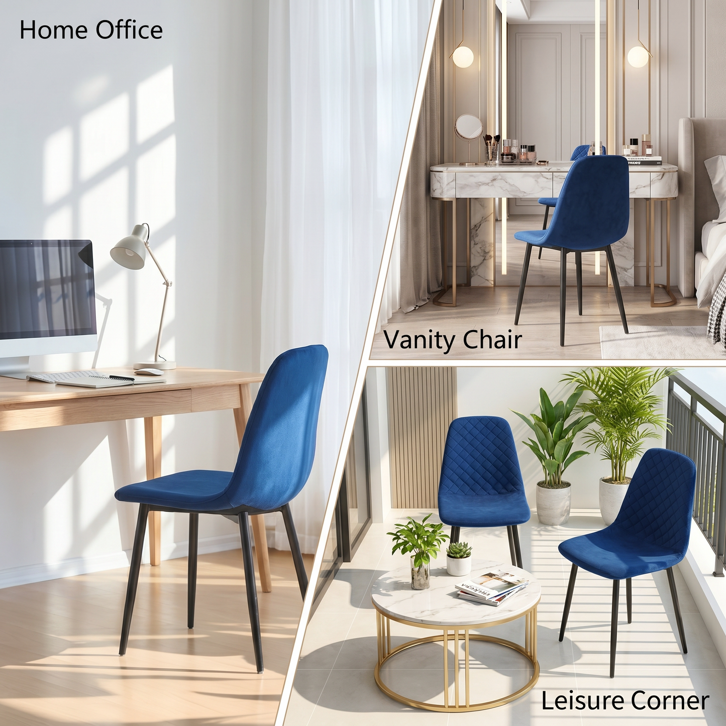 DEJINBU 2x Blue Velvet Dining Chairs Padded Seat Black Metal Legs For Home Cafe Office