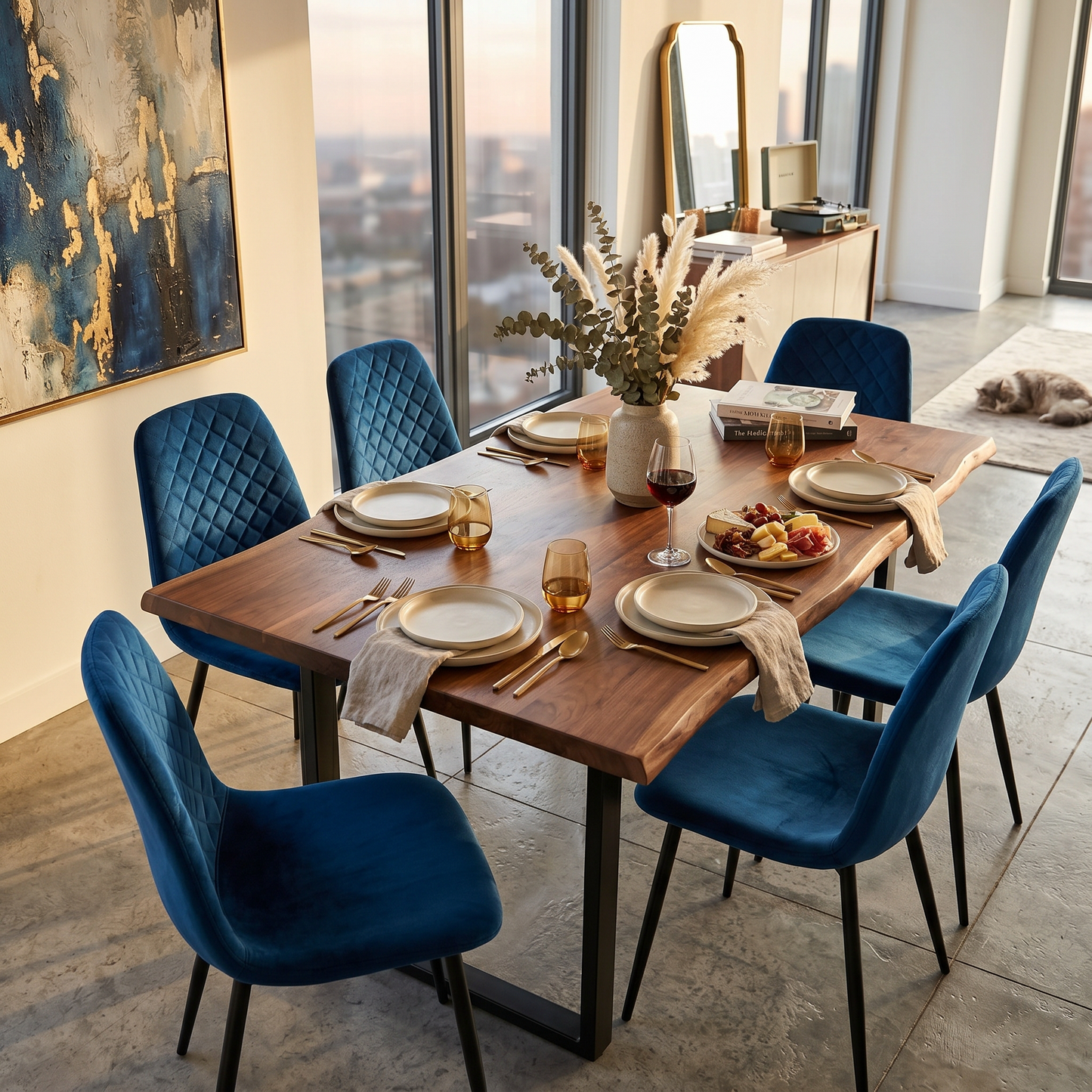 DEJINBU 4x Blue Velvet Dining Chairs Padded Seat Black Metal Legs For Home Cafe Office