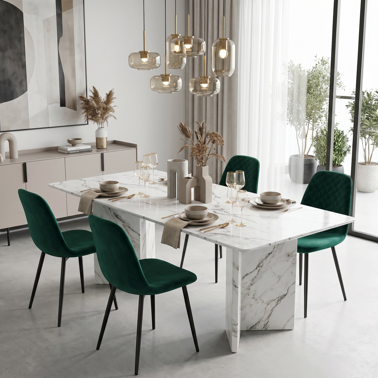 DEJINBU 4x Green Velvet Dining Chairs Padded Seat Black Metal Legs For Home Cafe Office