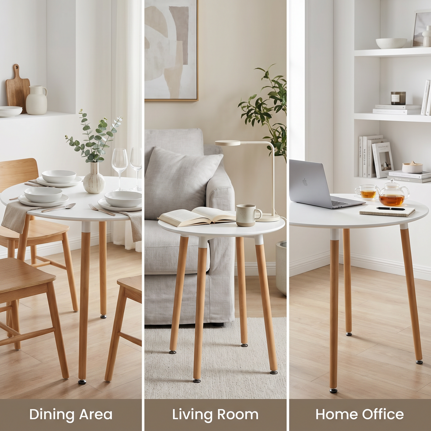 DEJINBU 1x 80CM Round Table Dining Table White MDF Table Top 4 Individual Wood Legs with Adjustable feet