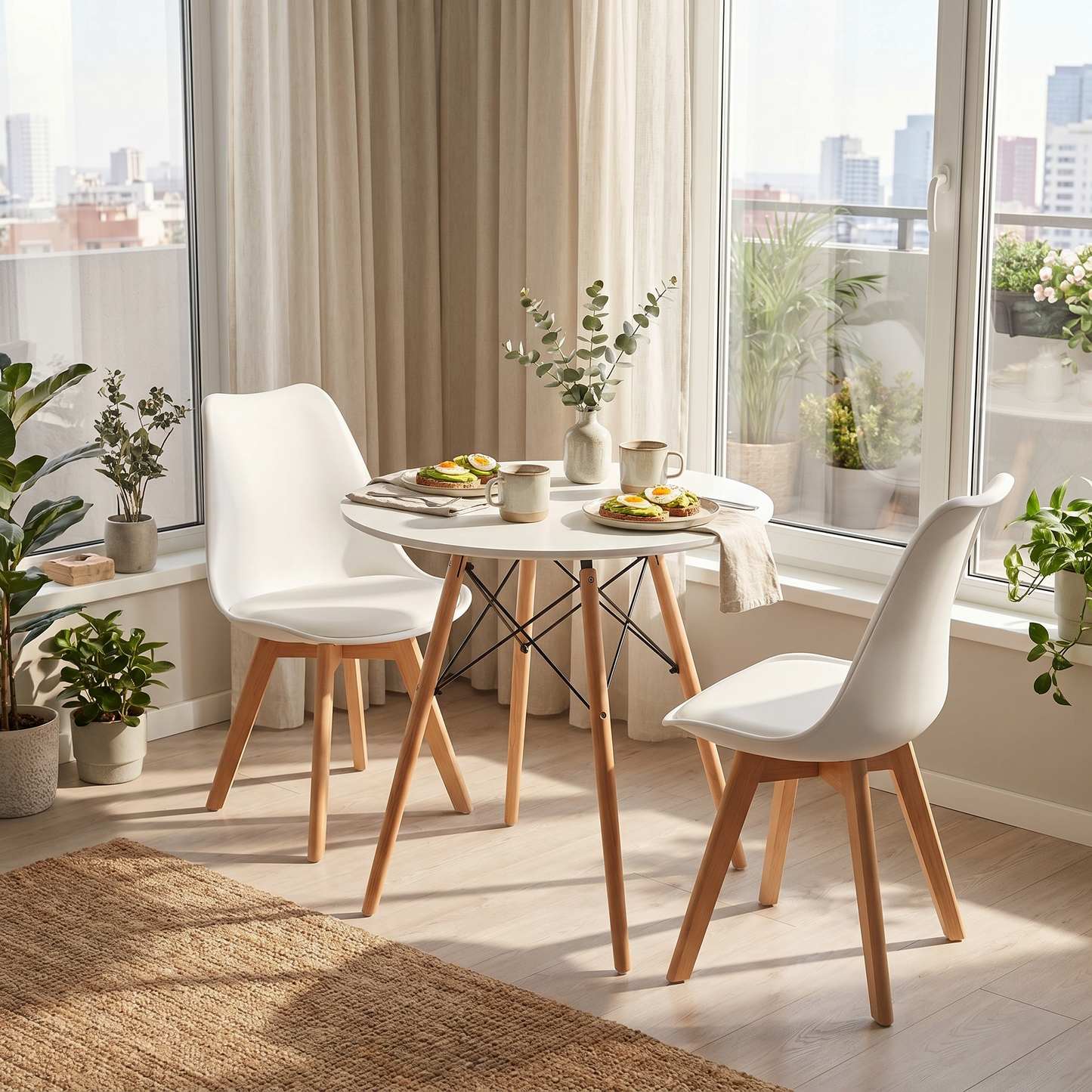 DEJINBU 3pcs Table Set 1x 80CM White Round Table With 2x White PP Padded Chair For Home Cafe Office