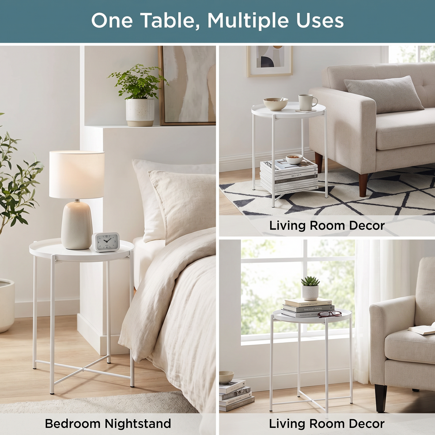 1x Modern White Metal Side Table, Round End Table with Metal X-Base - Ideal for Living Room, Bedroom, Small Spaces Corners