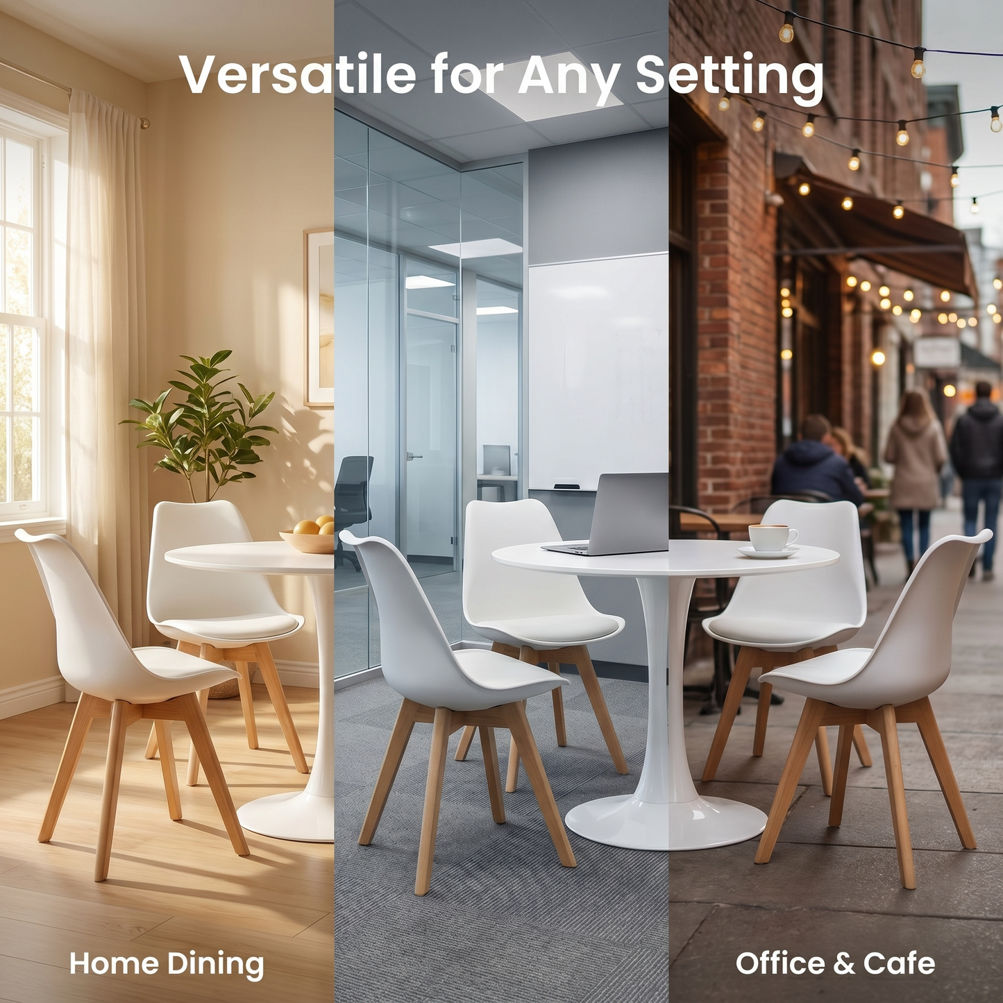 DEJINBU 3pcs Table Set 1x 80CM White Tulip Table With 2x White PP Padded Chair For Home Cafe Office