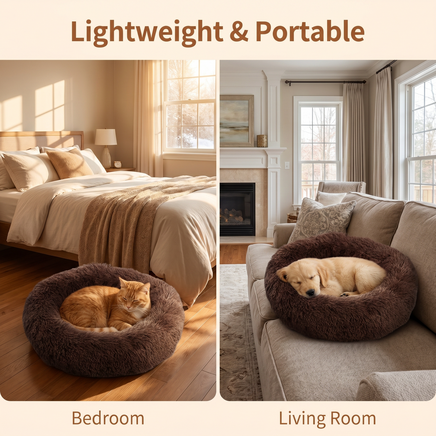 1x Brown Plush Round Pet Bed 50cm 60cm For Dog Cat