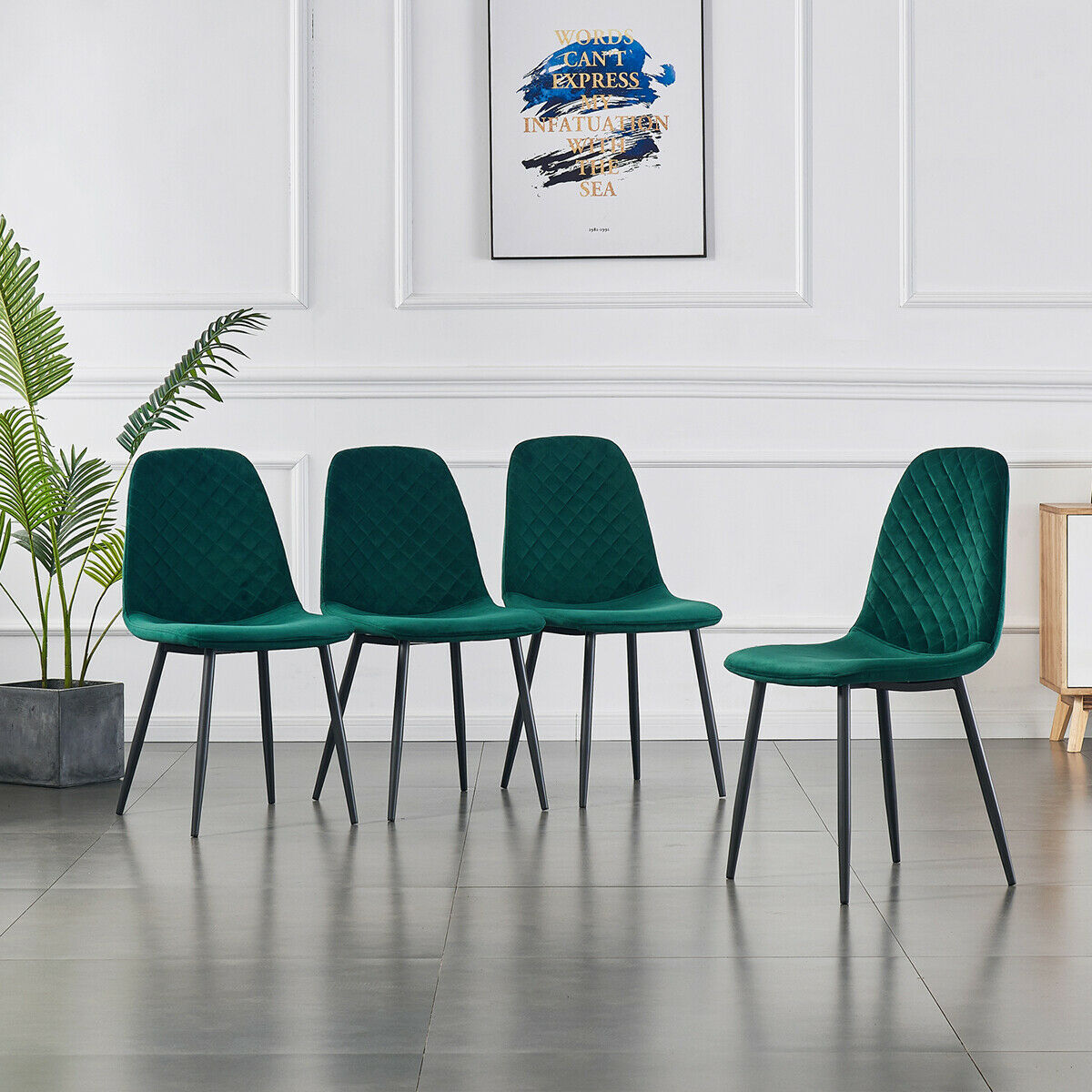 DEJINBU 4x Green Velvet Dining Chairs Padded Seat Black Metal Legs For Home Cafe Office